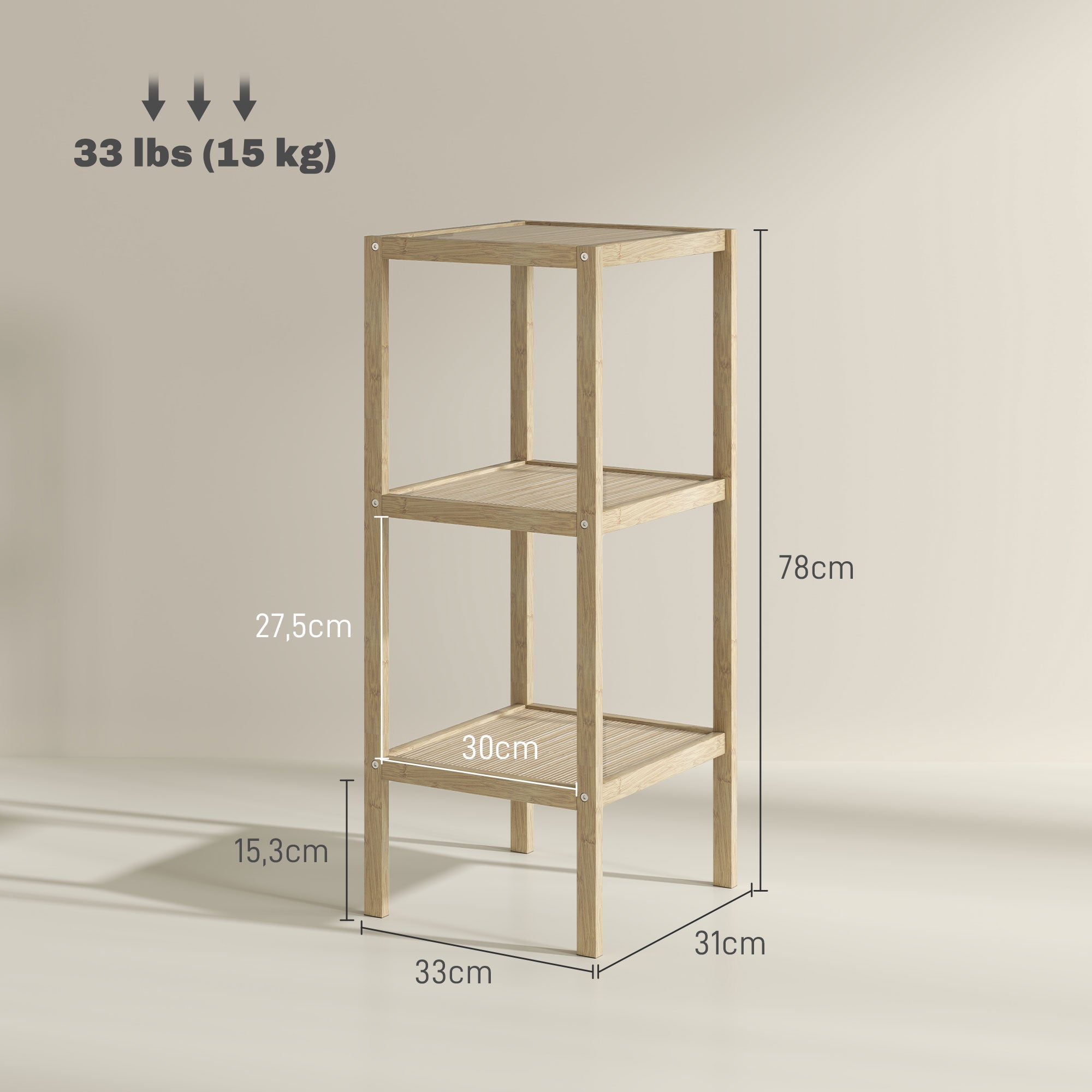 HOMCOM Badezimmerregal, 3 Etagen, feuchtigkeitsbeständig, Bambus, 33 x 31 x 78 cm