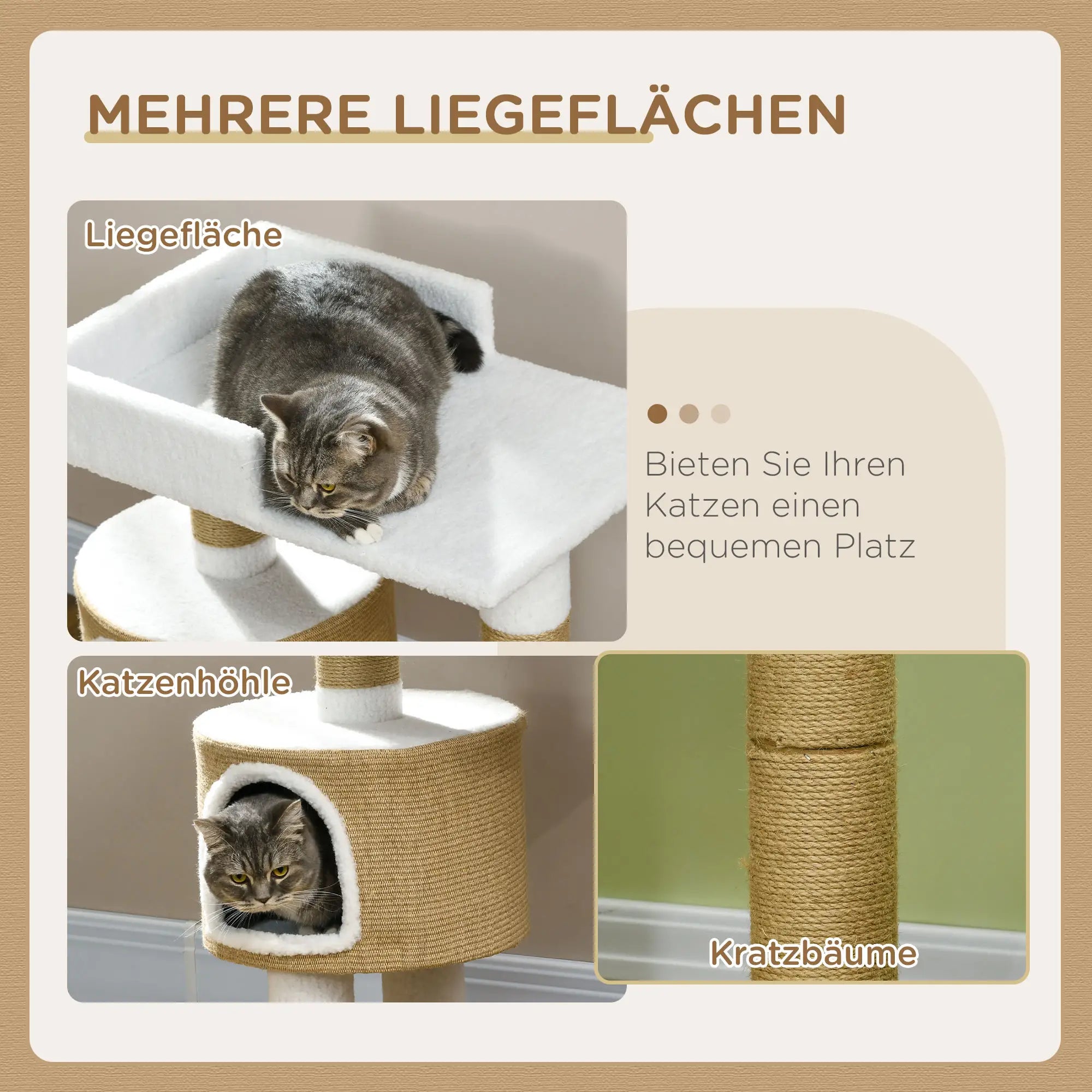 PawHut Kratzbaum Katzenbaum Katzenhöhle, 1 Katzenhöhle, 1 Liegefläche, 70 cm  x 49 cm x 79 cm, Natur + Weiß