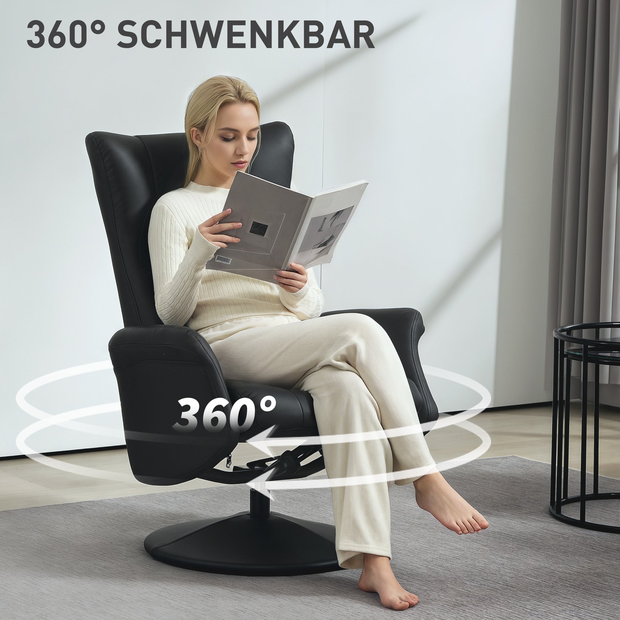 HOMCOM Chefsessel mit Hocker, Lederoptik, drehbar, verstellbare Lehne, bis 150 kg, Schwarz