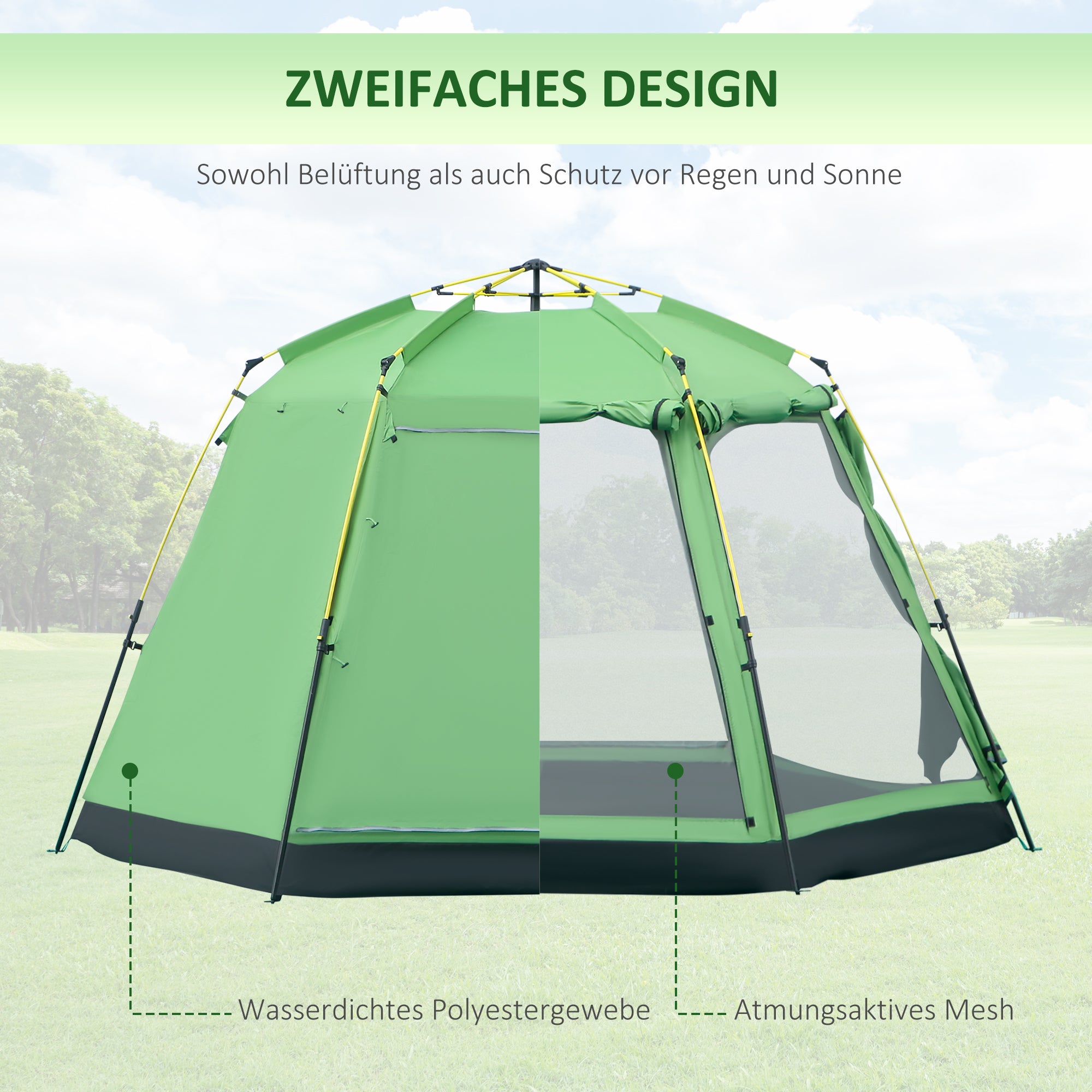 Outsunny Camping Zelt 6 Personen Zelt Familienzelt Kuppelzelt Kunstleder2000mm einfache Einrichtung für Familien Trekking Festival Stahl Glasfaser Grün 320 x 320 x 180 cm