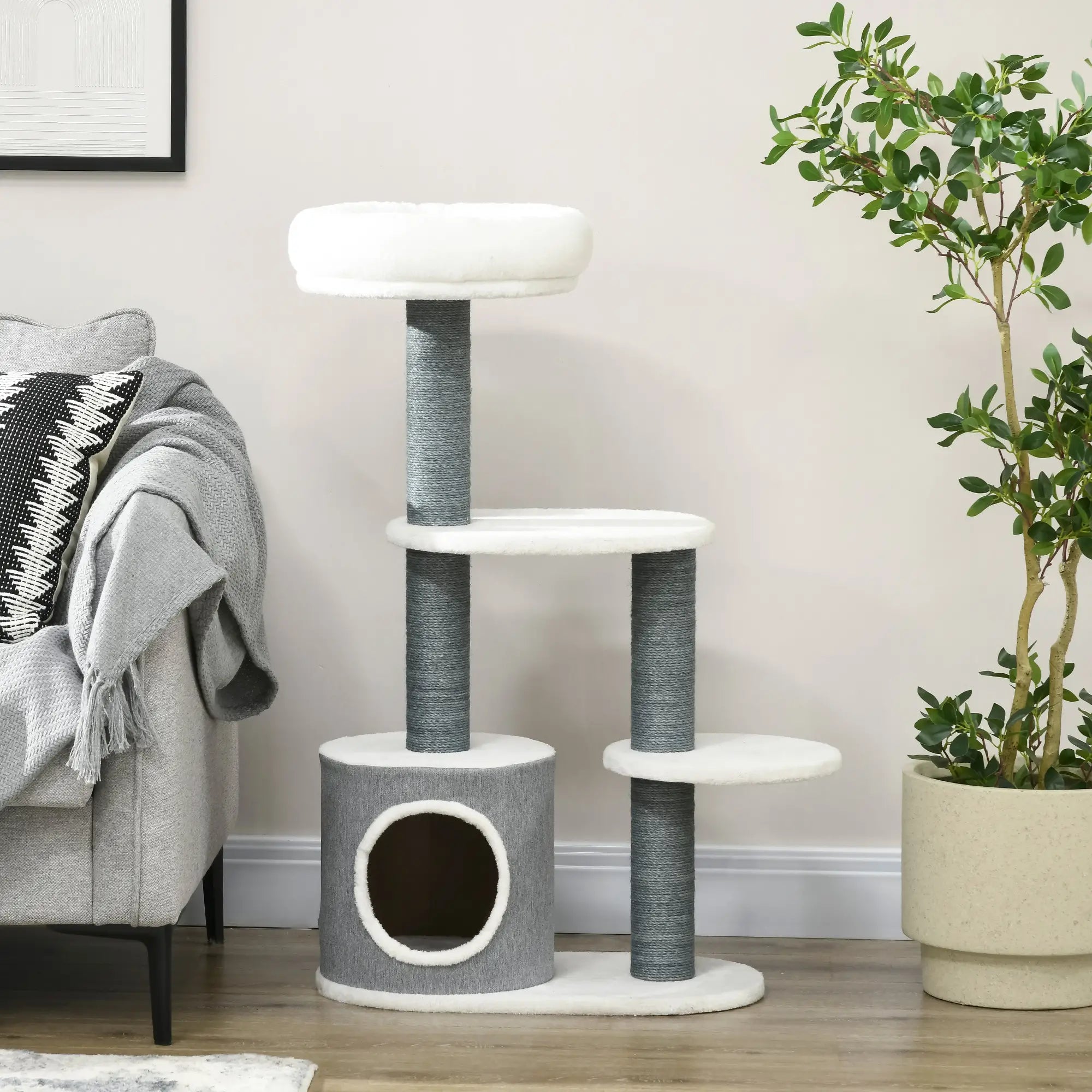 PawHut Kratzbaum mit 1 Katzenhöhle, 1 Katzenbett, 2 Plattformen, Jute-Seilspfosten, Weiß + Grau
