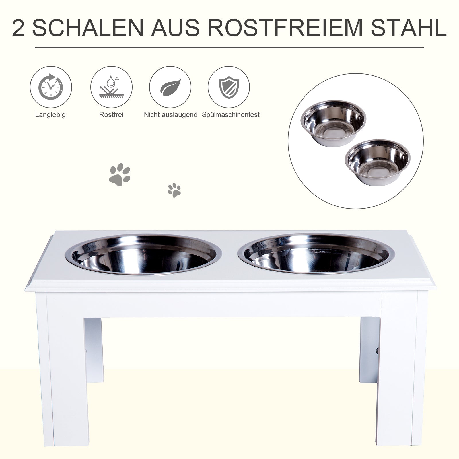 PawHut Hunde-Futterstation, rutschfest, 58,4 x 30,5 x 25,4cm, Weiß, 2L pro Napf