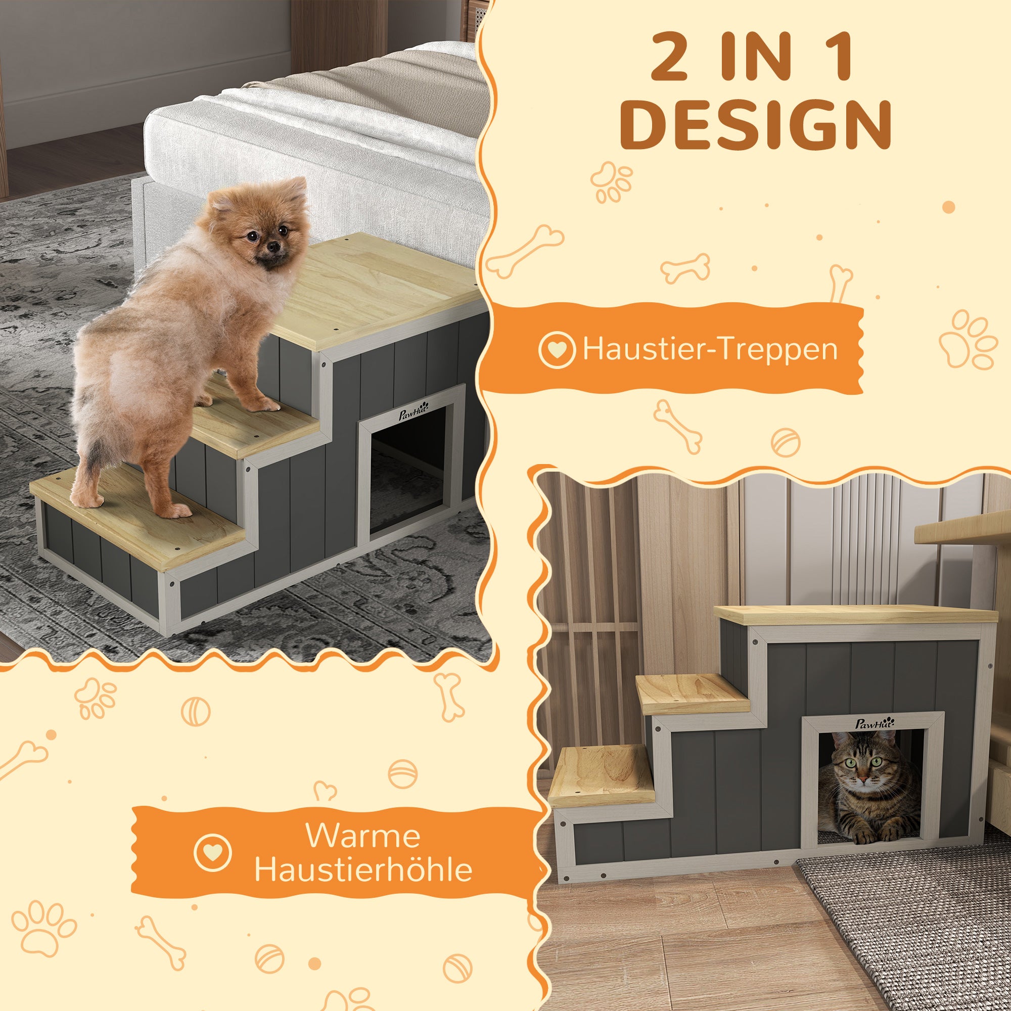 PawHut Haustiertreppe Hundetreppe, 3 Stufen, Kiefernholz, 79 cm x 38,5 cm x 45 cm, Natur + Weiß