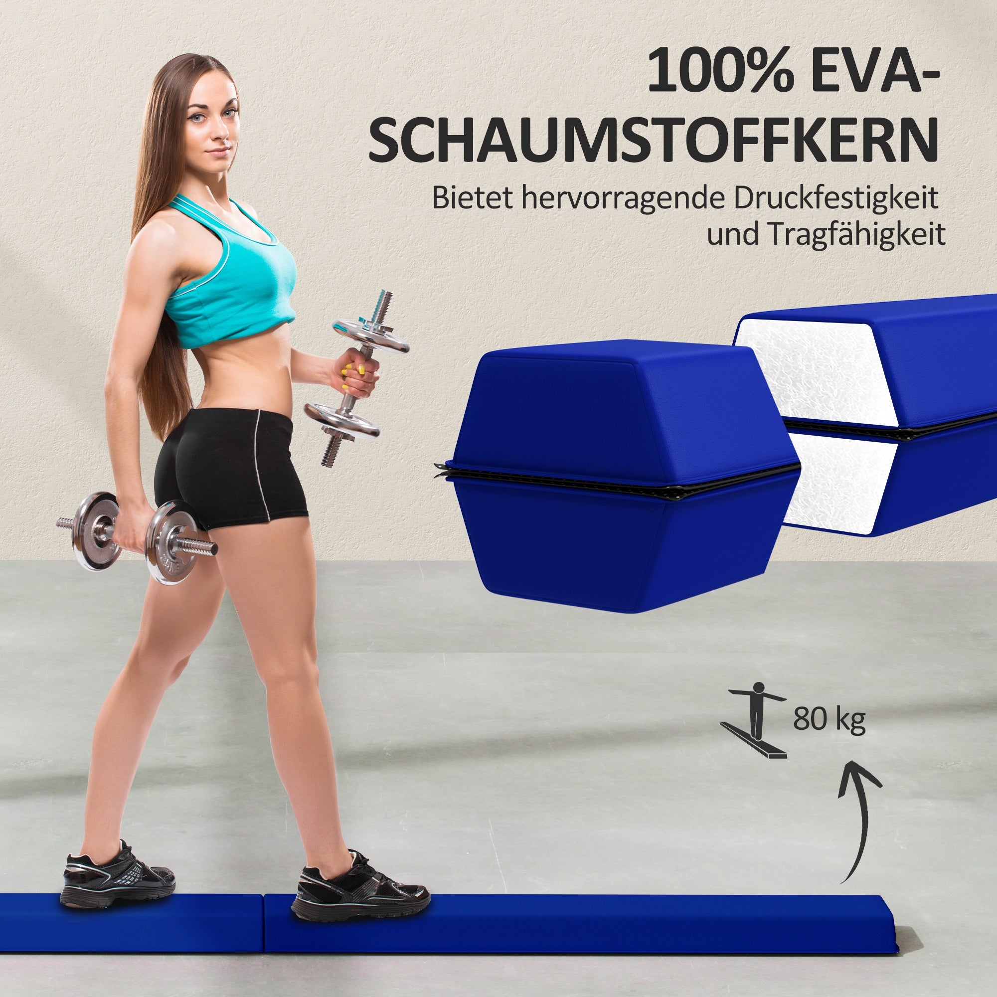 SPORTNOW Schwebebalken 2,4 m, faltbar, rutschfester Boden, für 3+ Jahre, bis 80 kg, Blau