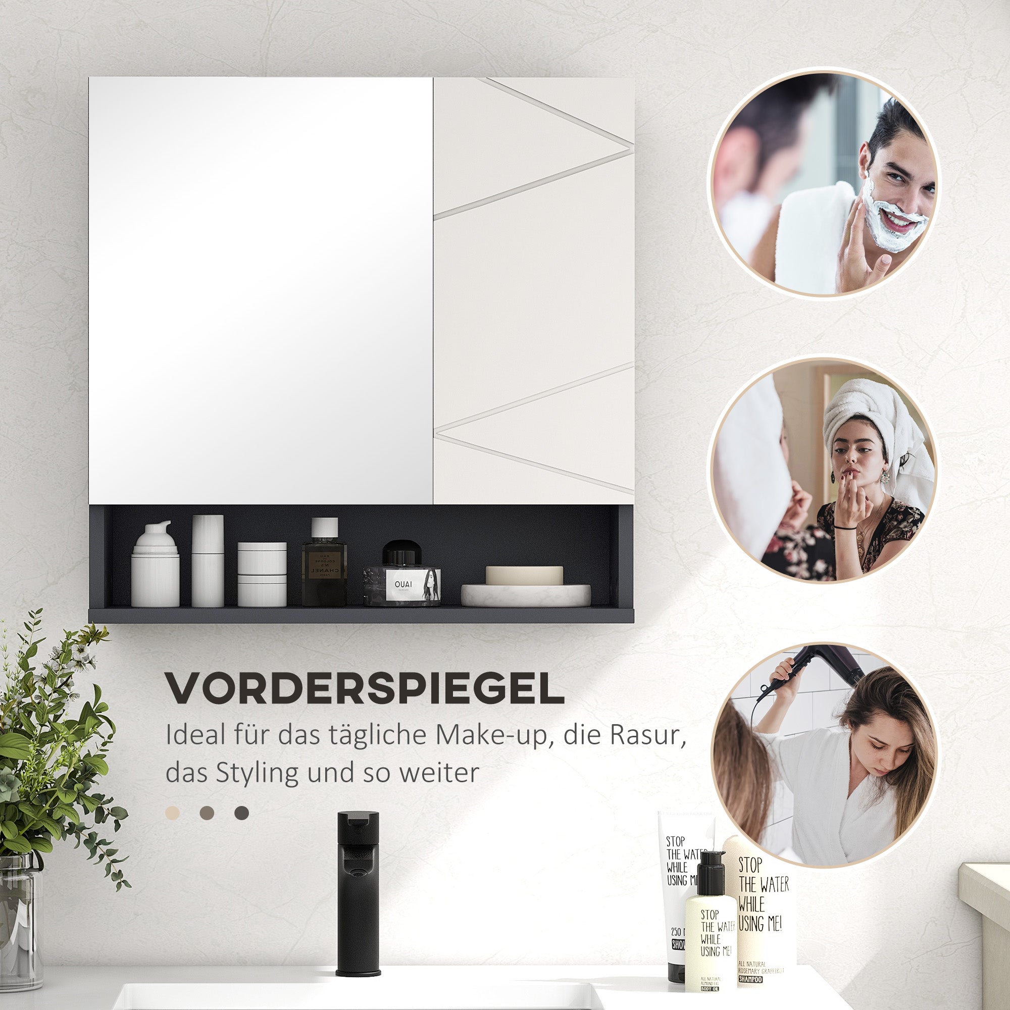 HOMCOM Badezimmerschrank, Spiegeltür, verstellbare Regale, bis zu 15 kg belastbar, Weiß