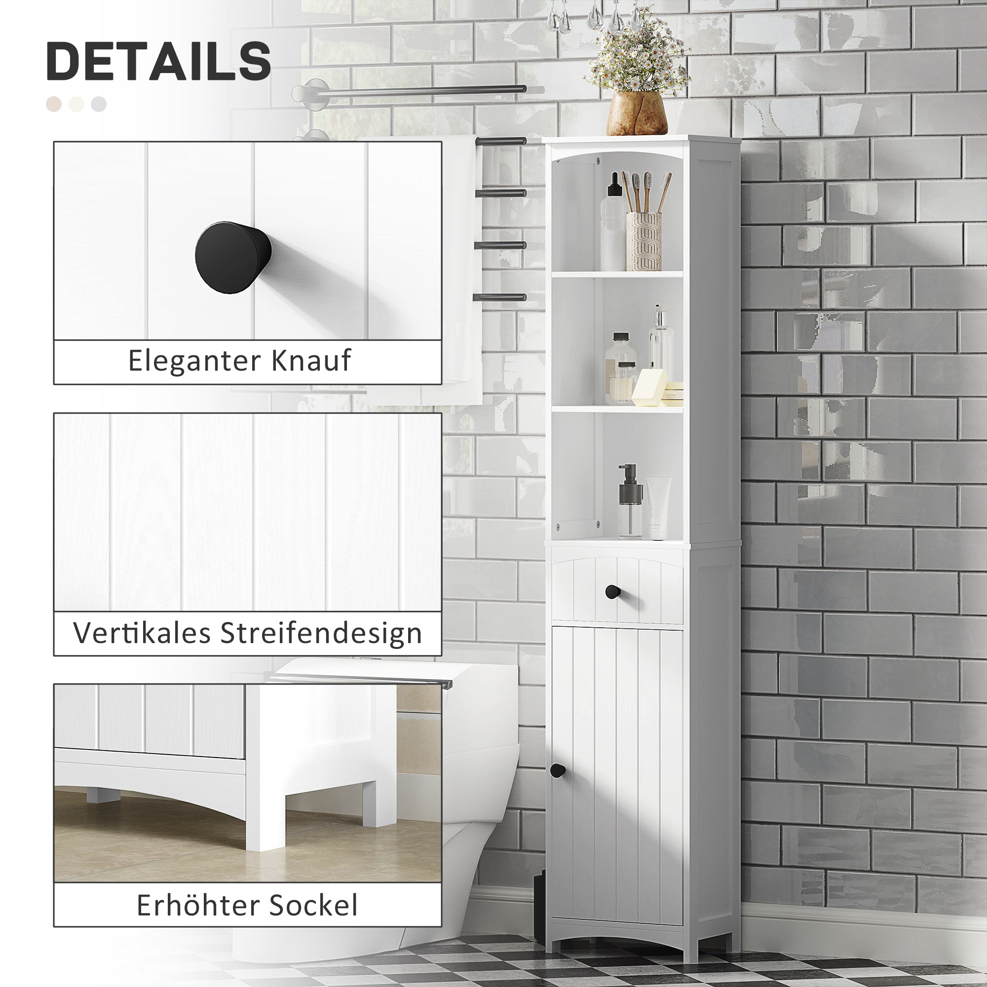 HOMCOM Badezimmerschrank mit 3 Regalen, 1 Schublade, robust, MDF, Weiß