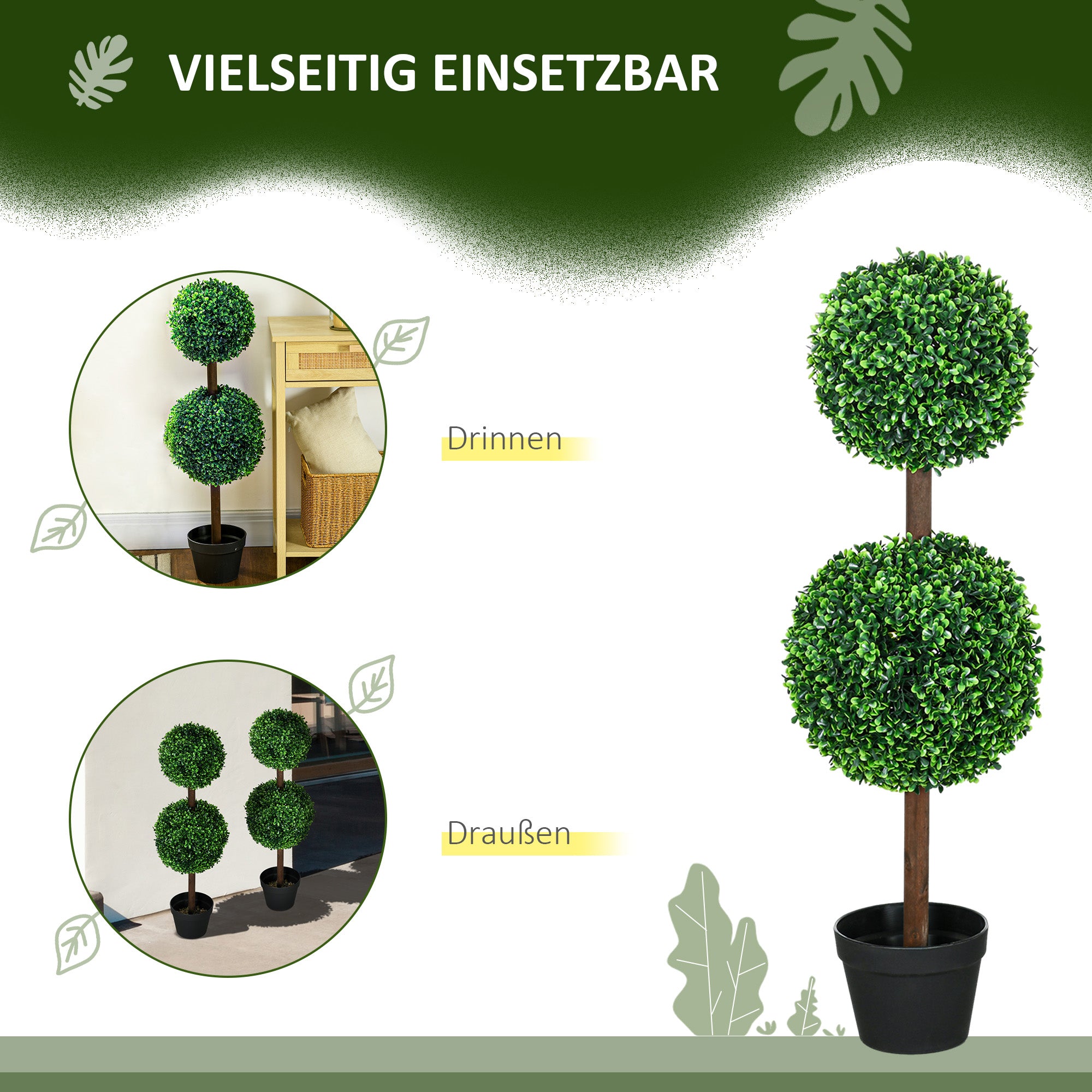 HOMCOM Künstliche Pflanzen, 2er-Set Buchsbaum, 90 cm Kunstpflanze, Kunstbaum, Deko-Pflanze für Indoor und Outdoor, Grün