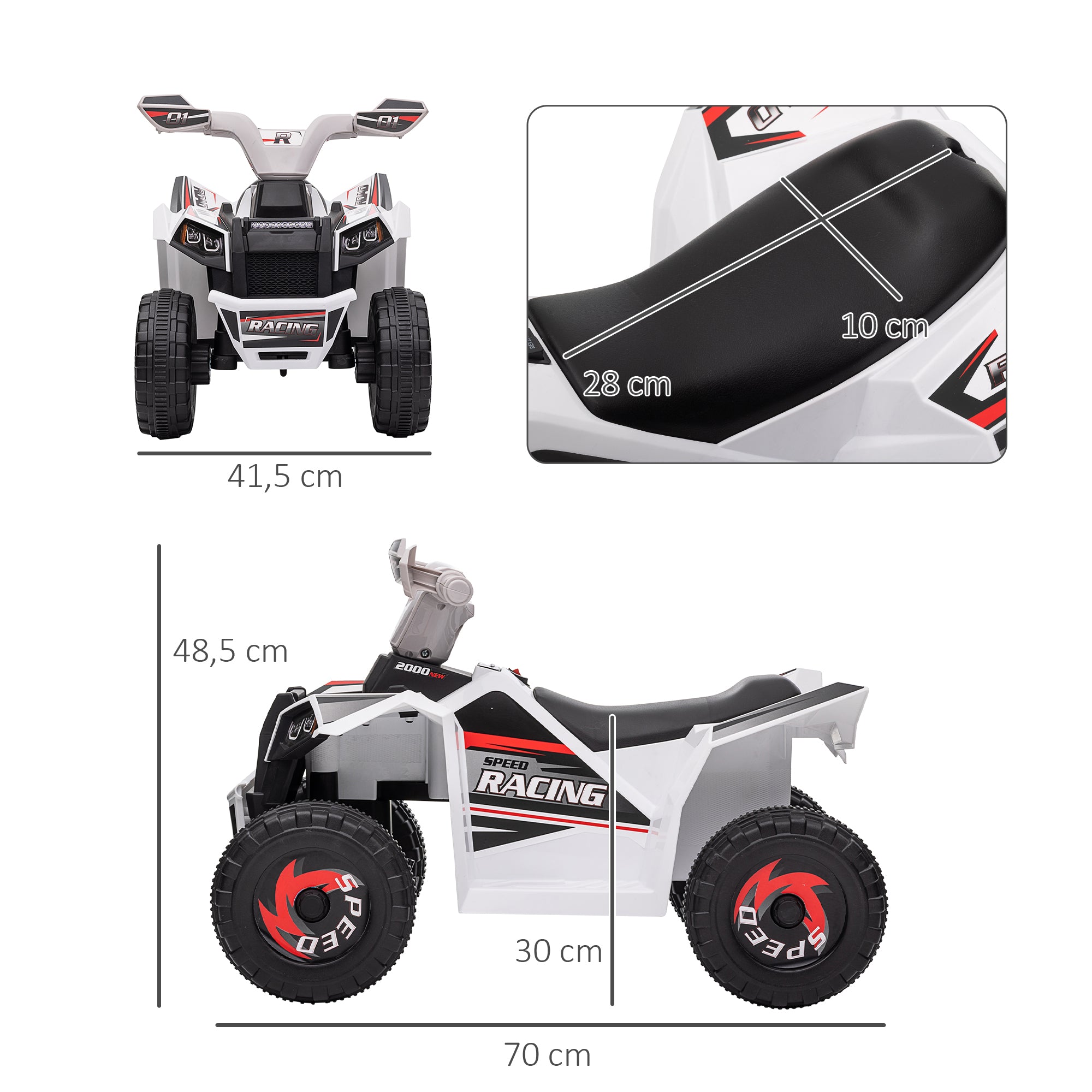 HOMCOM Elektro-Kinderquad, 2,5 km/h, Vorwärts- & Rückwärtsgang, für 18-36 Monate, Weiß