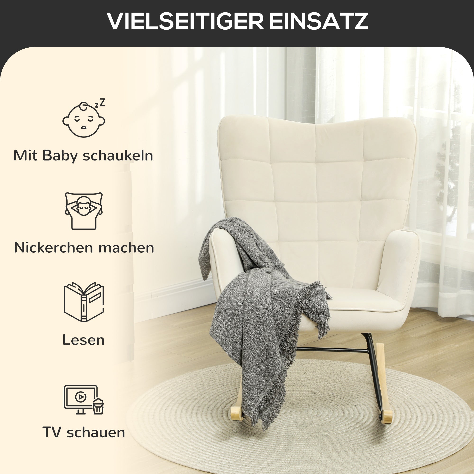HOMCOM Schaukelstuhl, dicke Polsterung, breite Rückenlehne, Buchenholz/Stahlrahmen, bis 120 kg, Beige