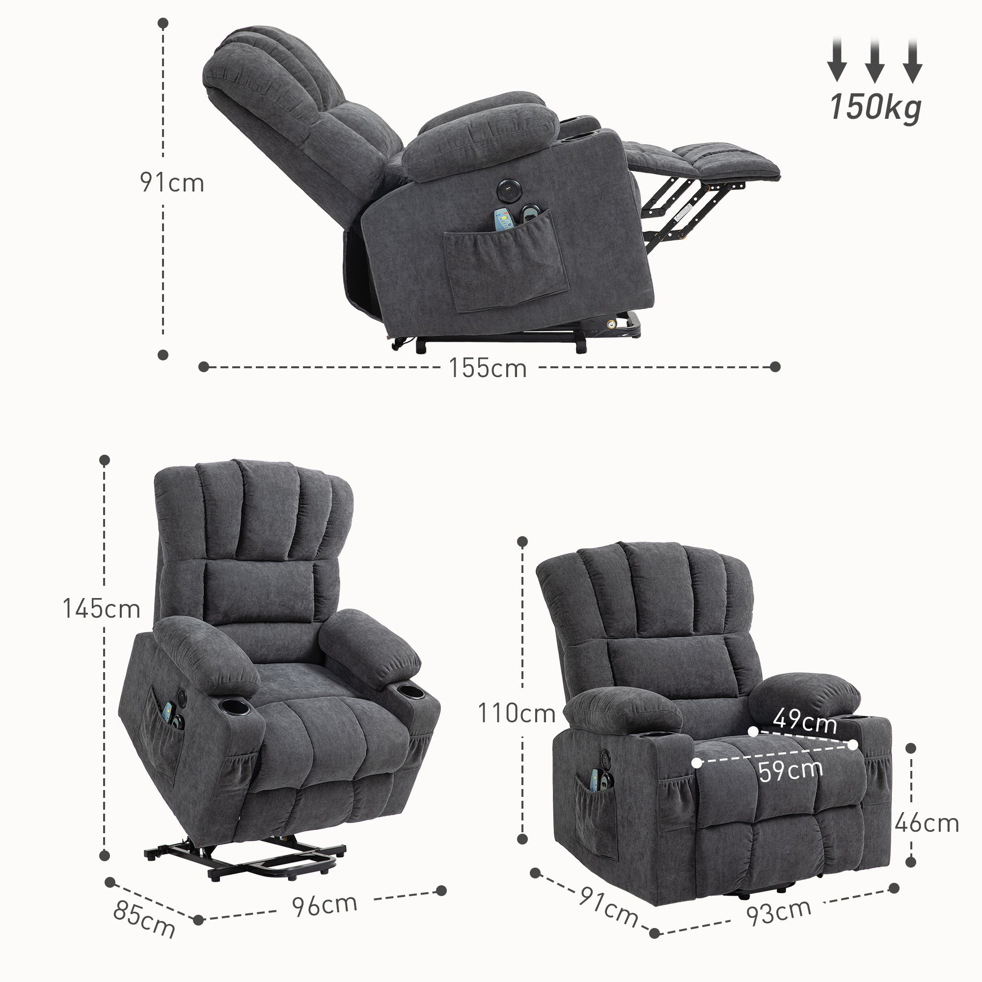 HOMCOM Elektrischer Power Lift Aufsteh-Sessel mit Massage- und Wärmefunktion, USB-Anschlüssen, Becherhaltern, Dunkelgrau