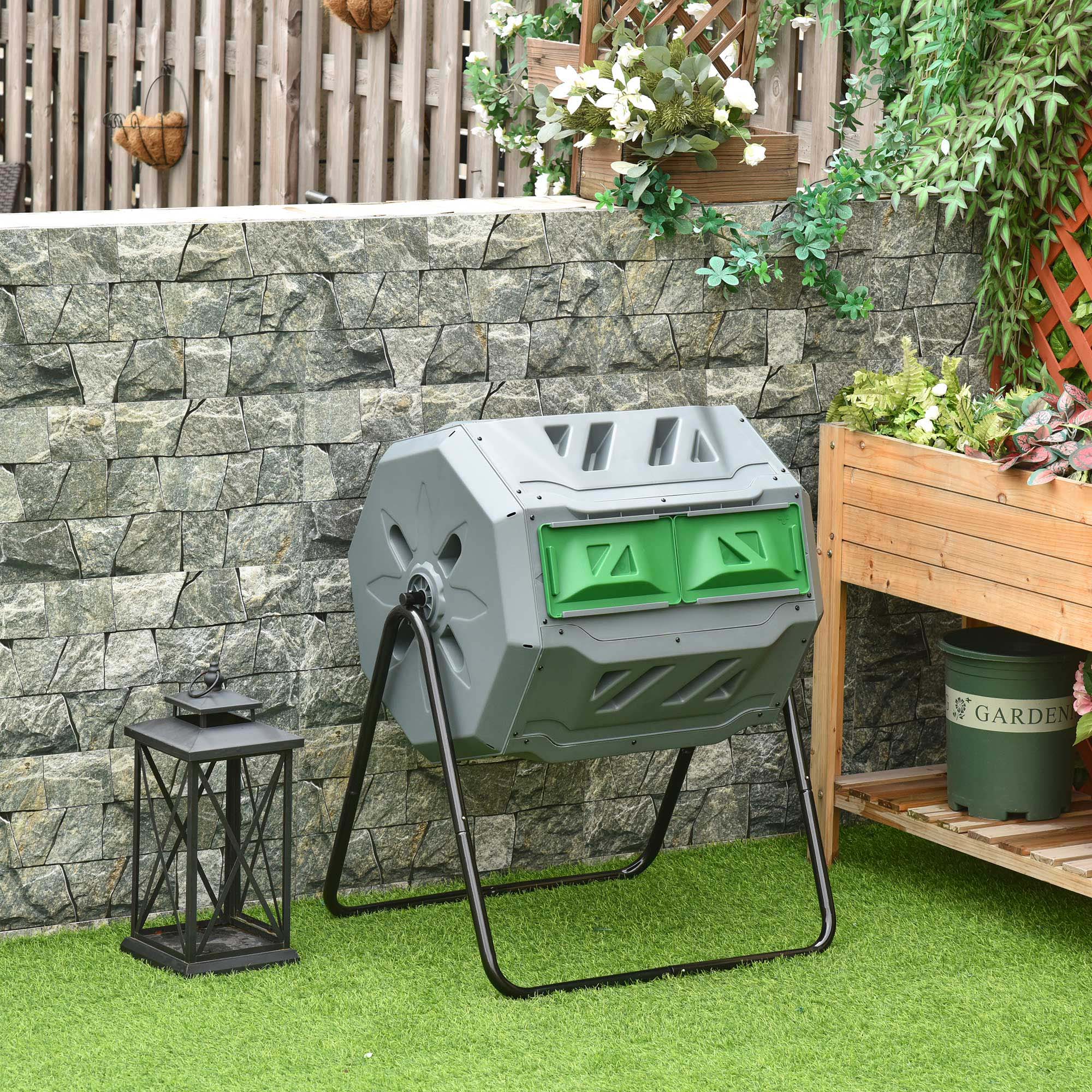 Outsunny Kompostbehälter mit 2 Behältern, 160 L Fassungsvermögen, drehbar, 71 cm x 65 cm x 96 cm, Grau + Grün + Schwarz