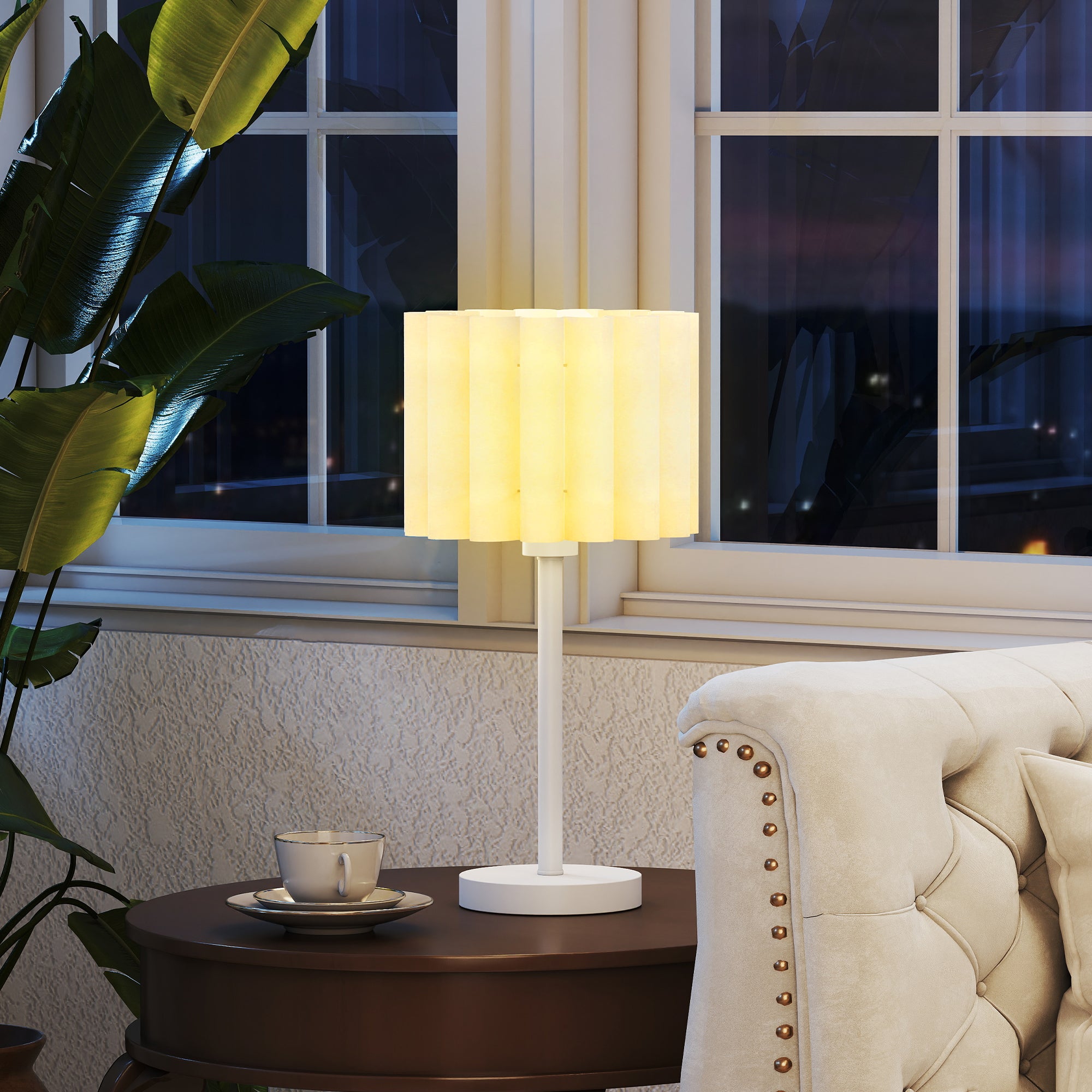 HOMCOM Tischlampe im Retro-Stil, Nachttischlampe, Kunststoff-Schirm, Knopfschalter, Weiß