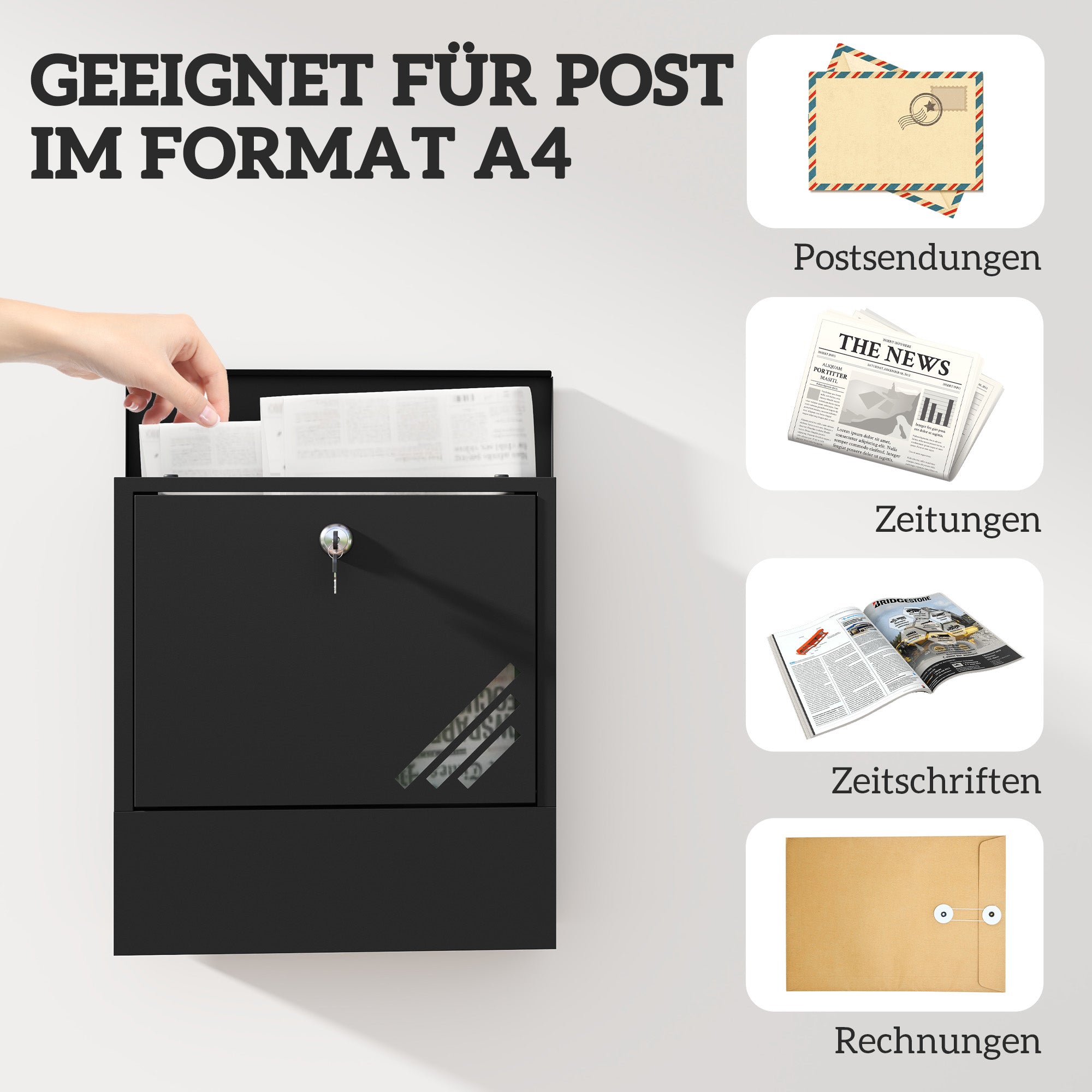 HOMCOM Briefkasten mit Sichtfenster, Wandmontage, abschließbar, Rost- und wetterfest, Grau