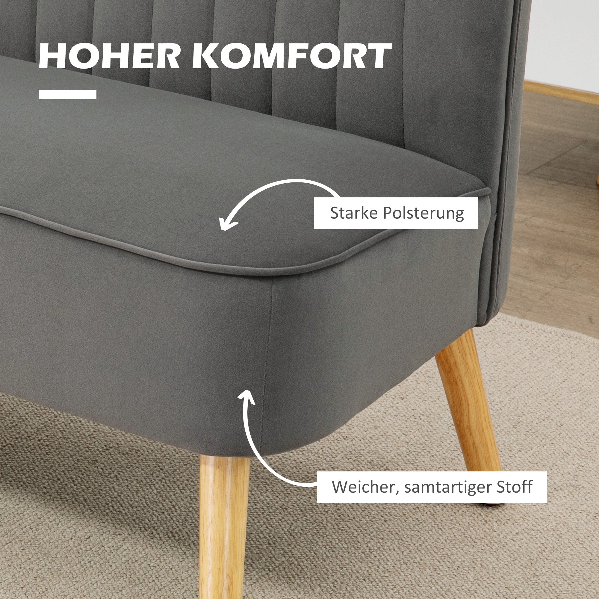 HOMCOM Sofa Retrodesign 2-Sitzer-Sofa, Holzbeine, 117 cm x 56,5 cm x 77 cm, Dunkelgrau