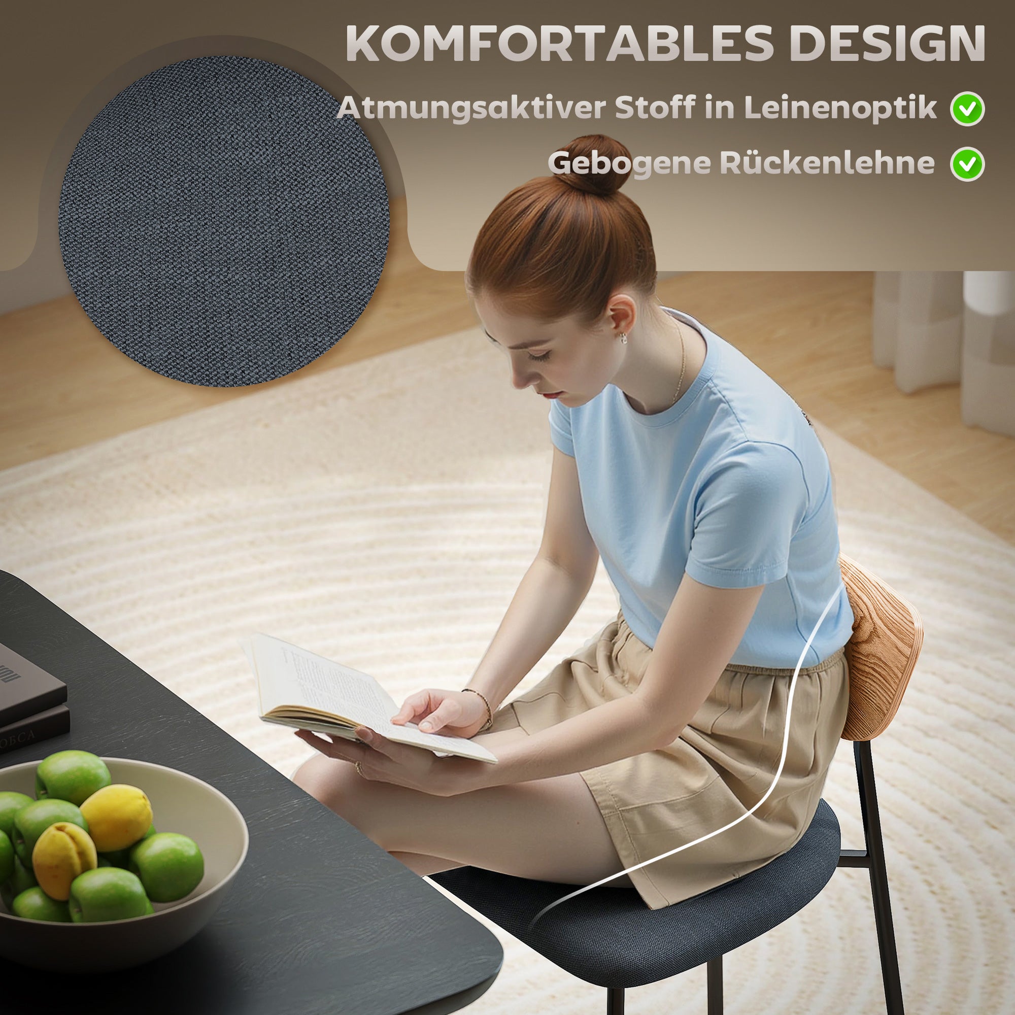 HOMCOM 2er-Set Esszimmerstühle, Leinenoptik, armloses Design, Metallbeine, Grau