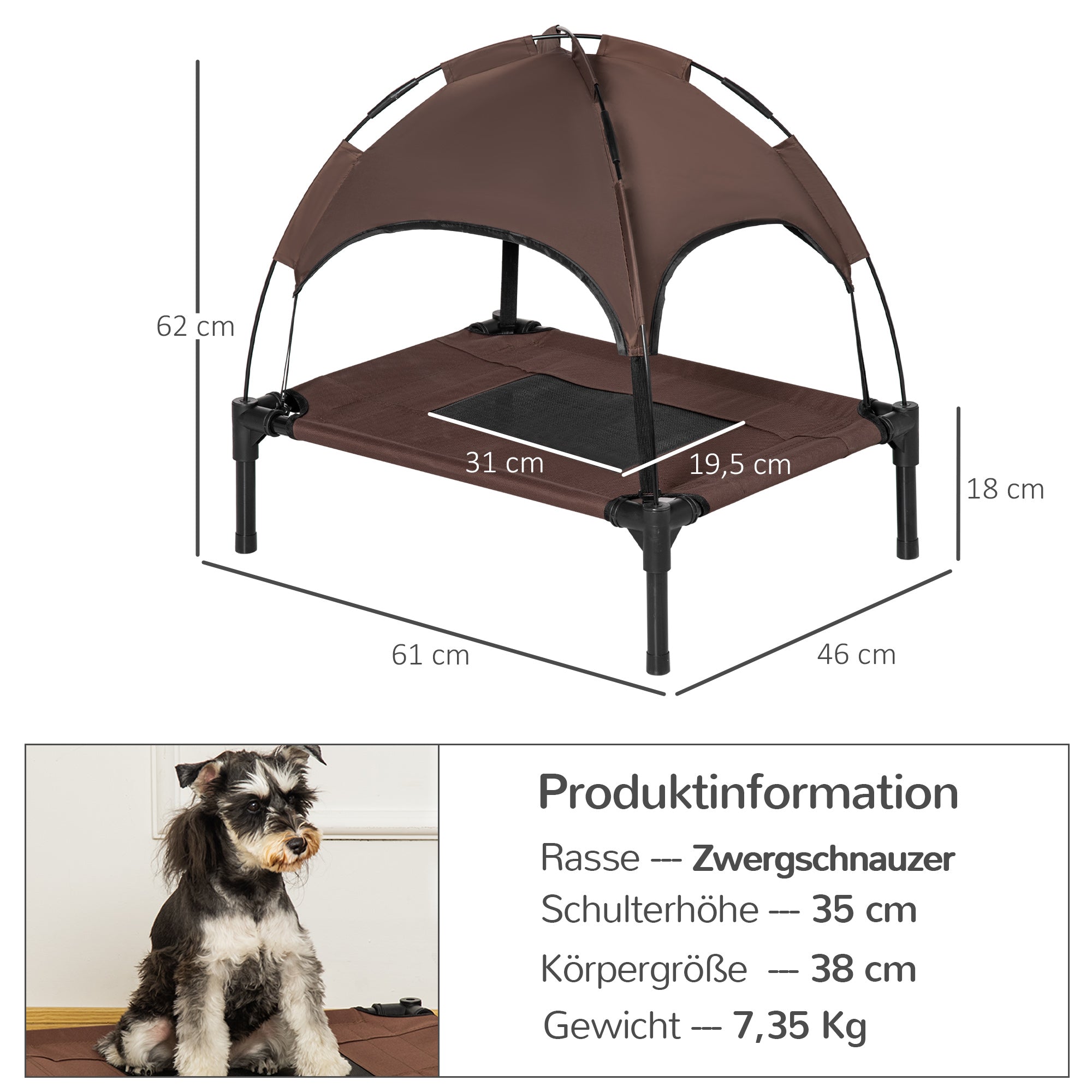 PawHut Haustierbett mit Baldachin, klappbar, Hundeliege, Outdoor-Hundebett, Mesh-Stoff, Braun + Schwarz