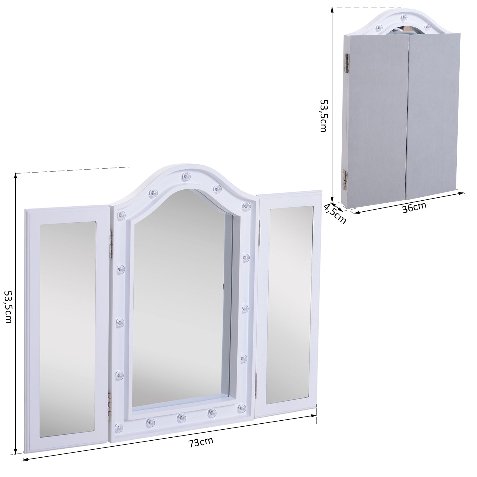 HOMCOM Kosmetikspiegel Schminkspiegel 16 x LED-Beleuchtung freistehend 180° ausklappbar Batteriebetrieben Weiß 3 Spiegel 73 x 53,5 x 4,5 cm