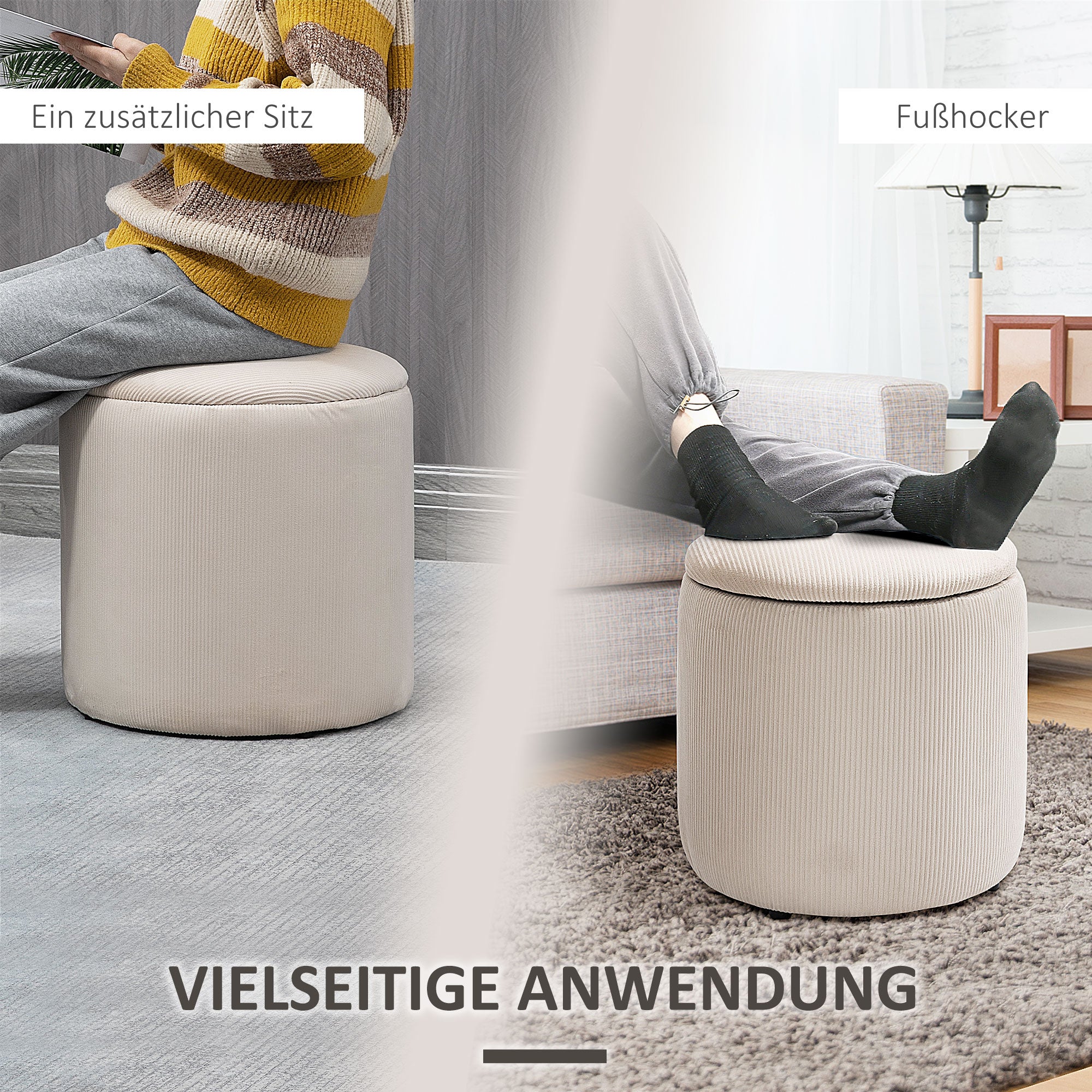 HOMCOM Hocker Ottomane, Zweier-Set, mit Stauraum, weiche Polsterung, Bezug in Cordoptik, Cremeweiß, 40 x 40 x 41cm