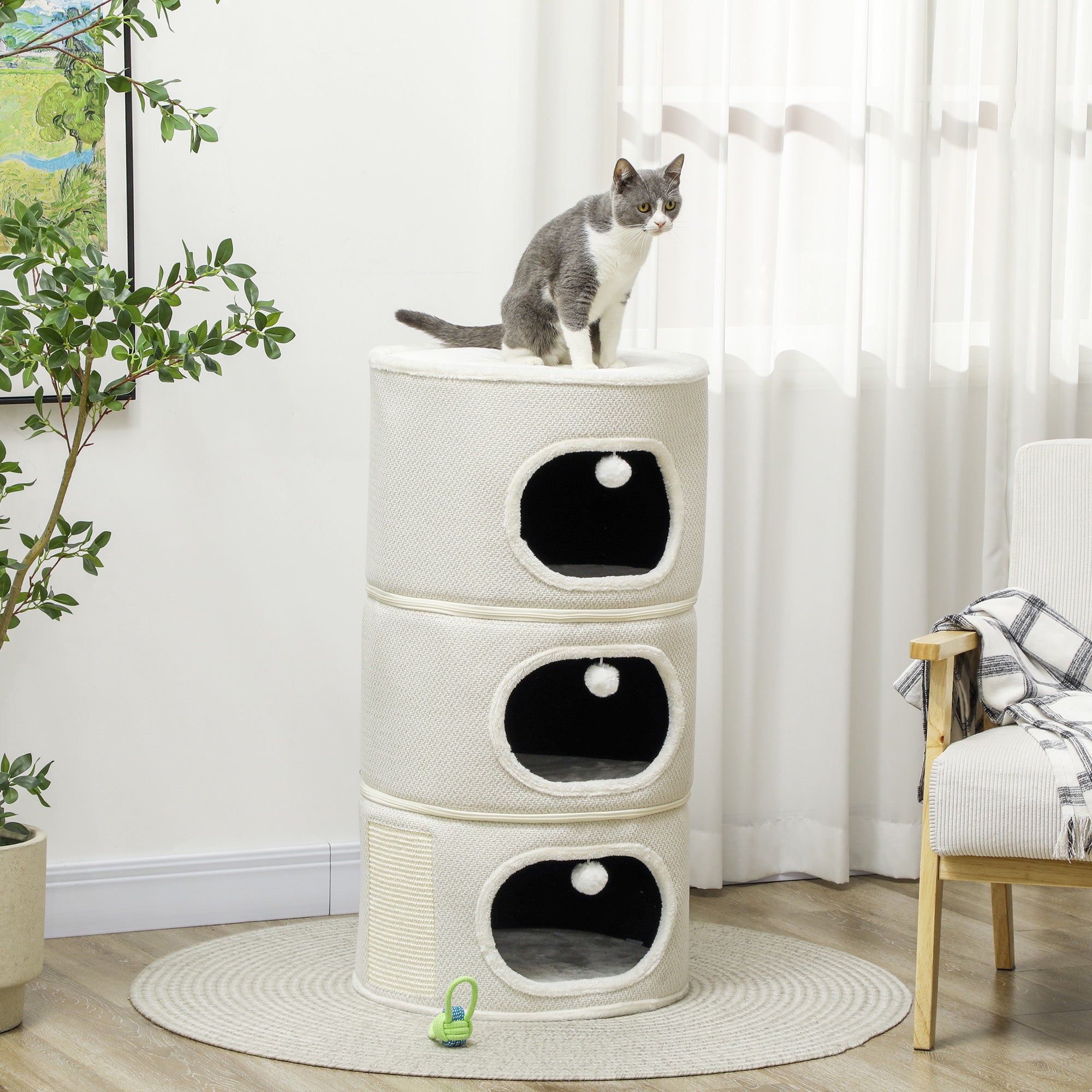 PawHut Katzenfass, 4 Ebenen, mit Kissen, Kratzmatte, Spielbällen, Katzenhaus für Innenbereich, Beige