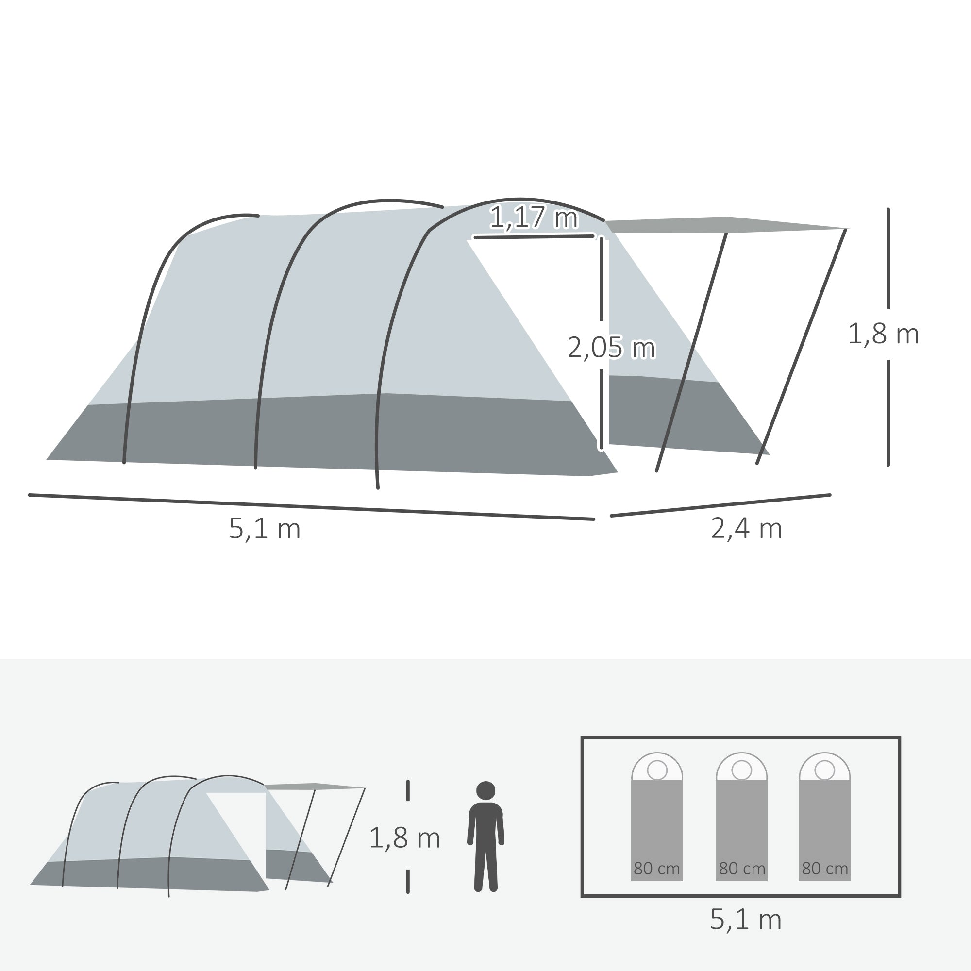 Outsunny Campingzelt, für 6-8 Personen, zwei Räume, Lampenhaken, mit Tragetasche, grau, 5,10x2,40x1,80m
