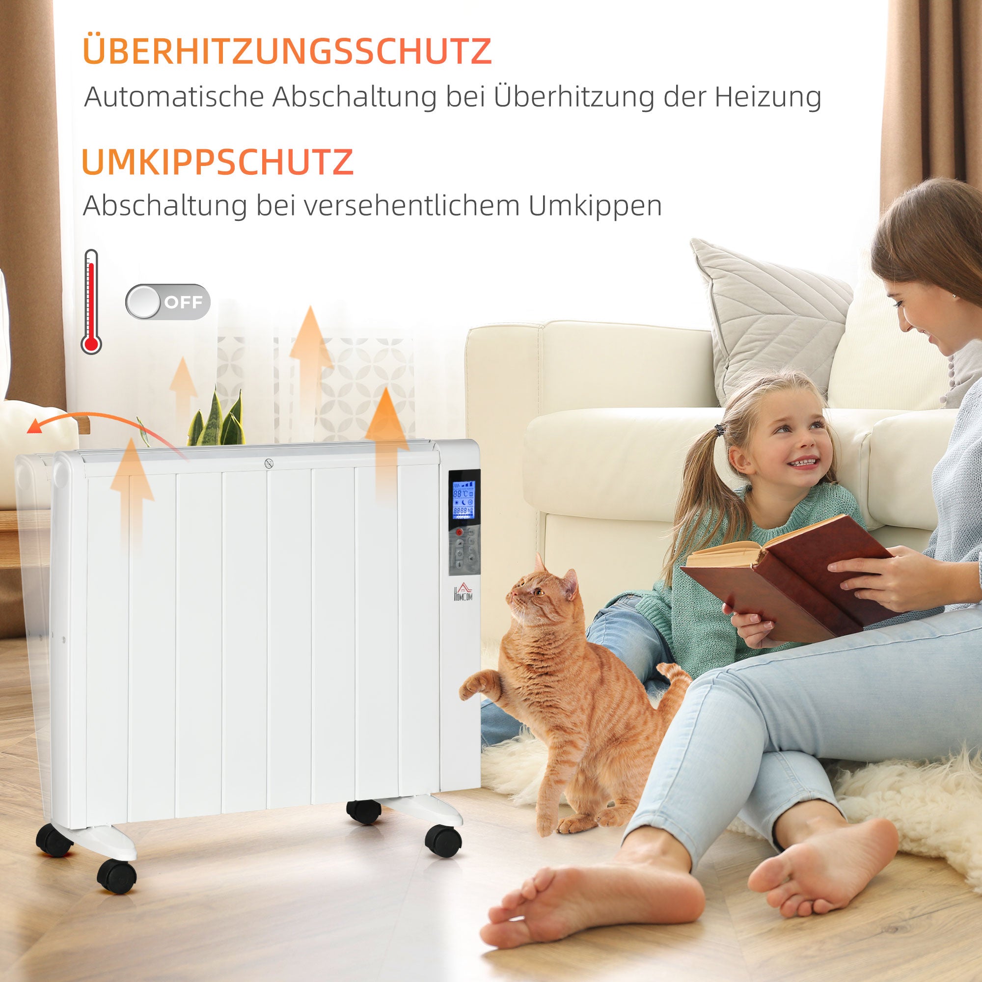 HOMCOM Elektroheizung mit Rollen, 9 vorinstallierte Modi, Wandmontage möglich, 5-35° C, weiß, 75 x 7,5 x 58,5 cm