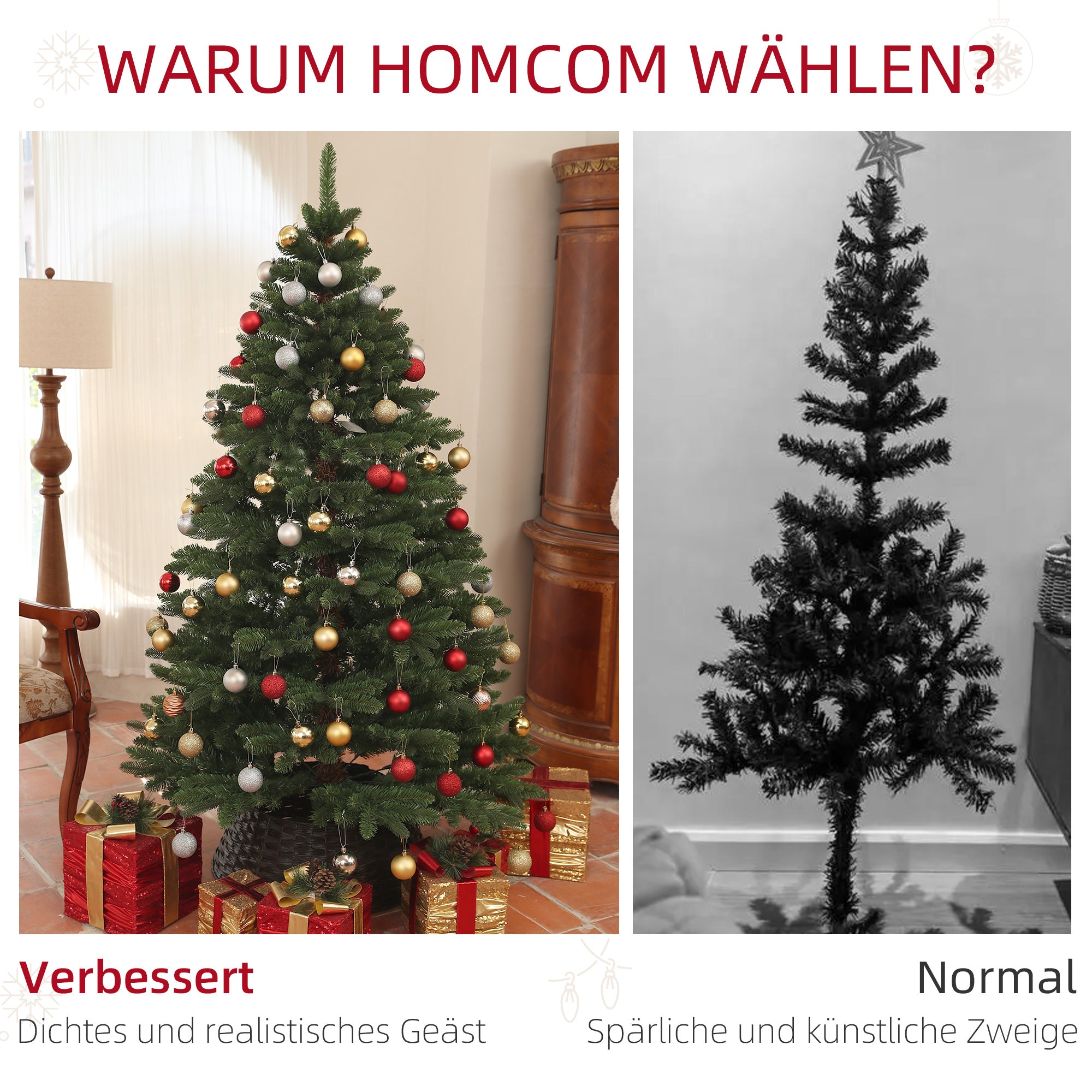 HOMCOM Weihnachtsbaum, Kunsttanne, 1,8 m hoch, flammhemmend, stabile Metallbasis, Grün
