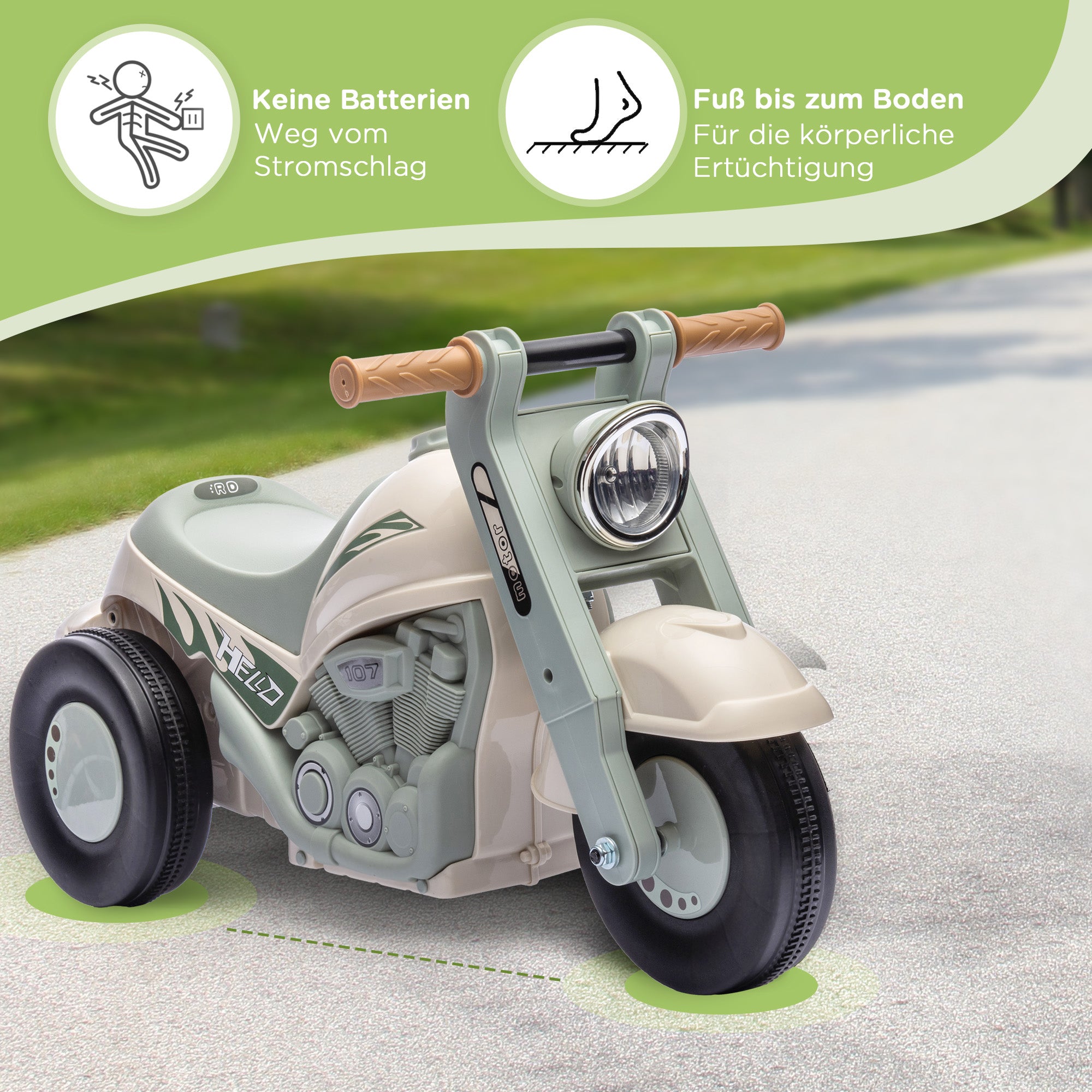 AIYAPLAY Rutschauto, Motorrad-Design, Musik und Seifenblasen, für 2-5 Jahre, Cremeweiß