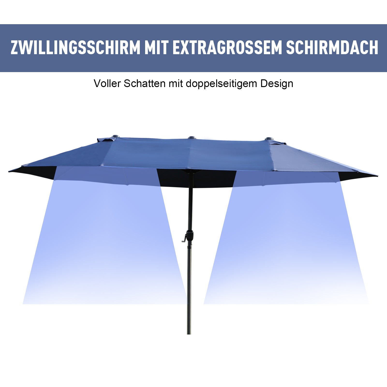 Outsunny Doppelsonnenschirm 455 x 270 cm Gartenschirm mit Handkurbel oval stabil Metallstange Marktschirm Doppelsonnenschirm Terrassenschirm Sonnenschutz für Strand Balkon Terrasse Garten Blau