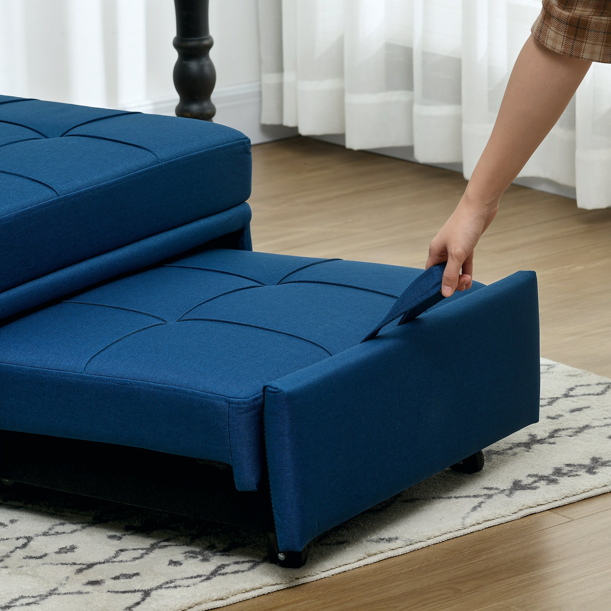 HOMCOM 3-in-1 Klappsessel mit Seitentasche, Gästebett mit Kissen, Verstellbarer Rückenlehne, Bettsessel mit Rollen, Blau