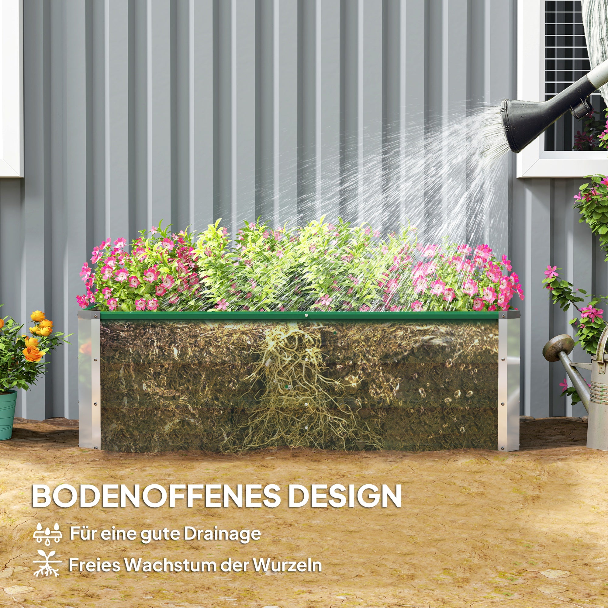 Outsunny Metall-Hochbeet, 2 separate Pflanzbereiche, offener Boden, einfacher Aufbau, 125 x 47 x 40cm, Grün