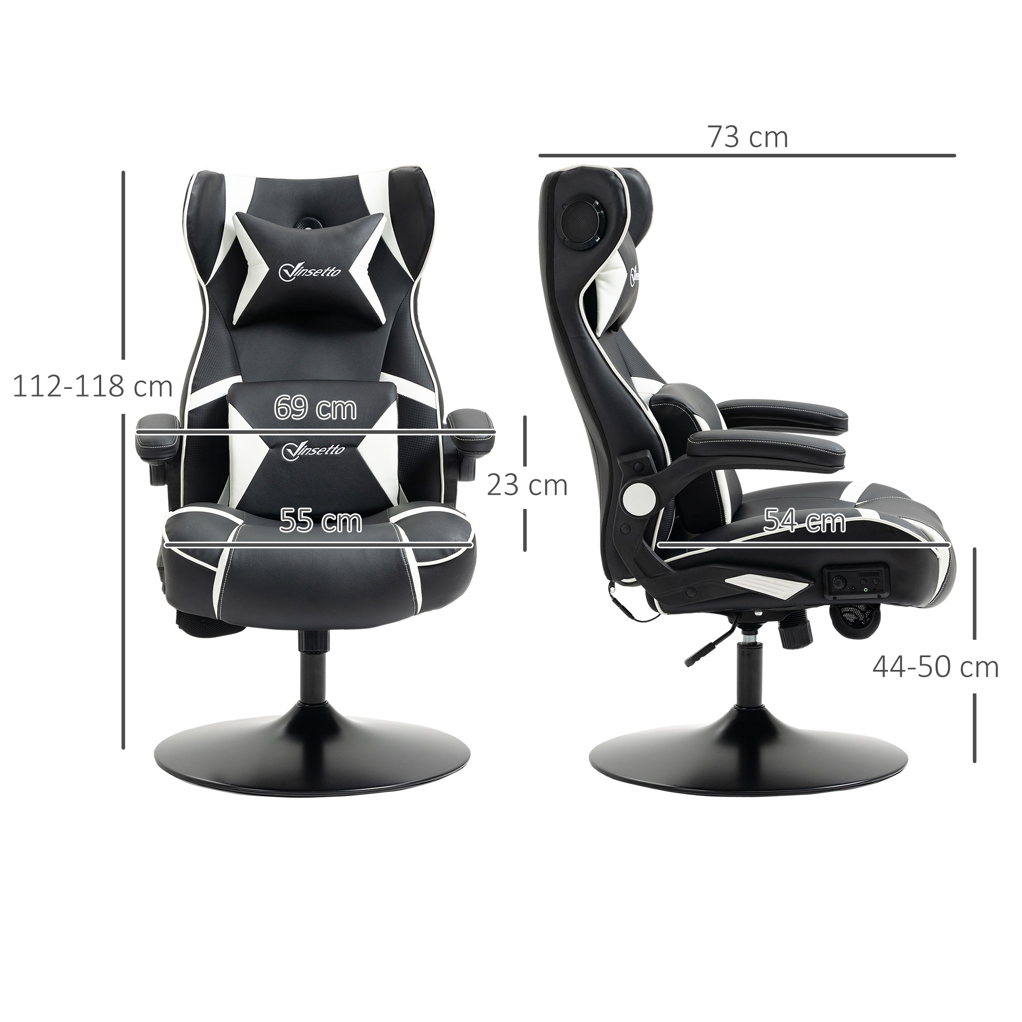 Vinsetto Gamingsessel, Gamingstuhl, integrierte Lautsprecher, neigbare Rücklehne, schwarz+weiß, 69 x 73 x 118cm