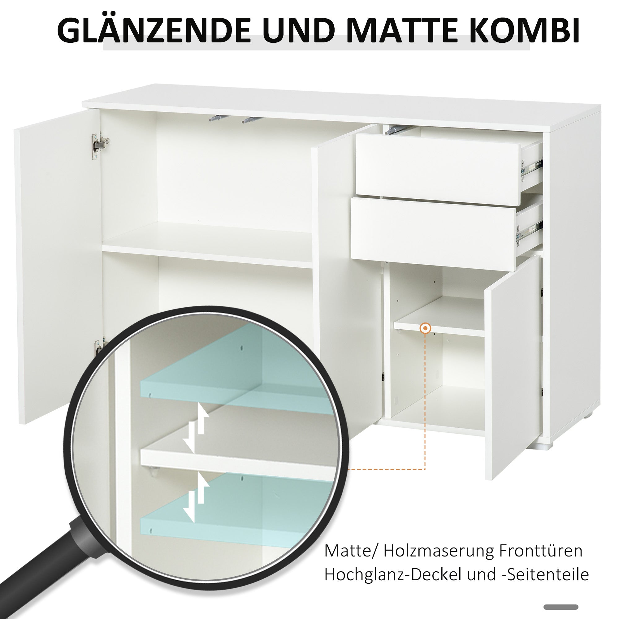 HOMCOM Sideboard Kommode Anrichte, 2 Schubladen, Push-Click, 117 cm x 36 cm x 74 cm, Weiß