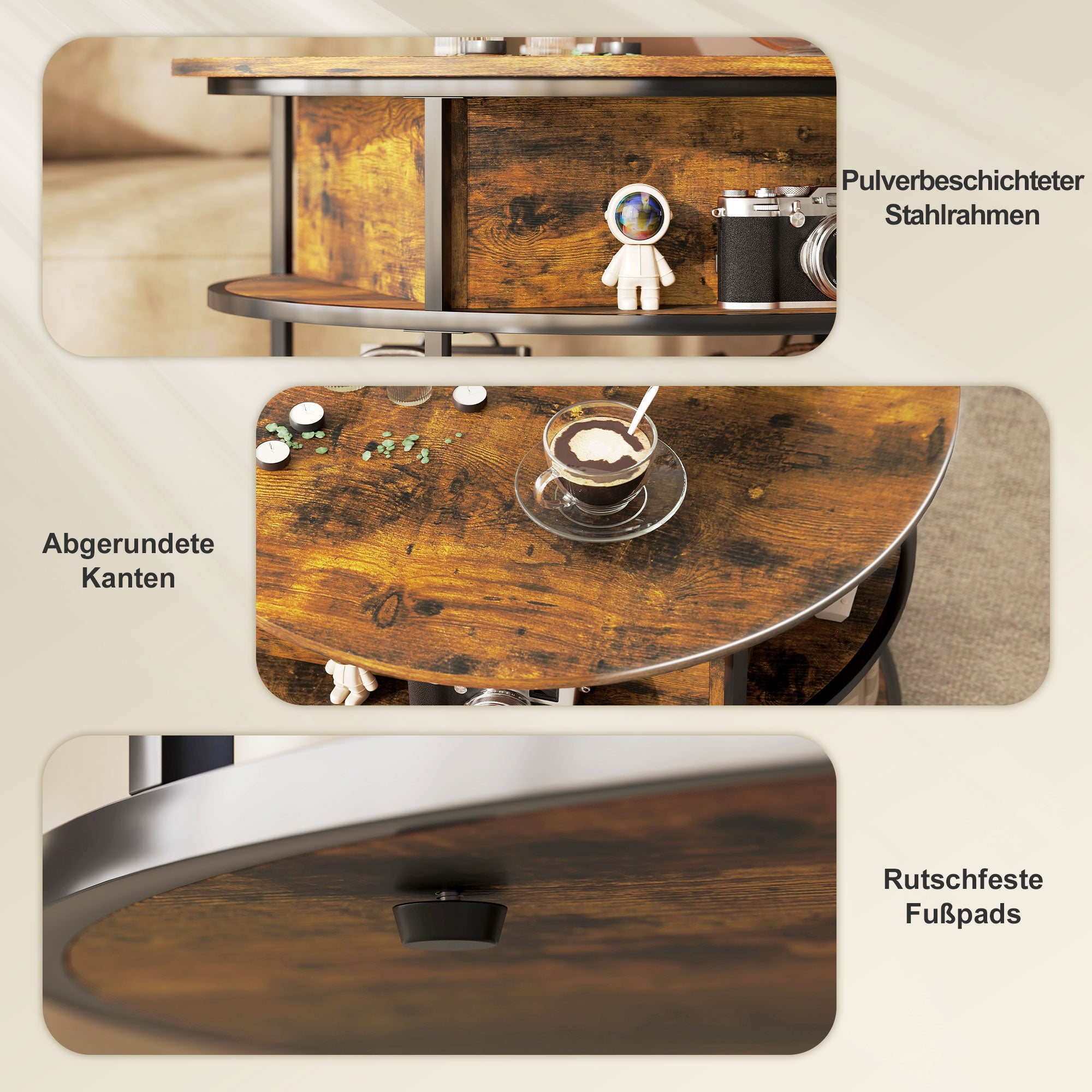 HOMCOM Runder Kaffeetisch mit anhebbarer Tischplatte, Stauraum, seitliche Regale, Stahlrahmen, Couchtisch, Braun