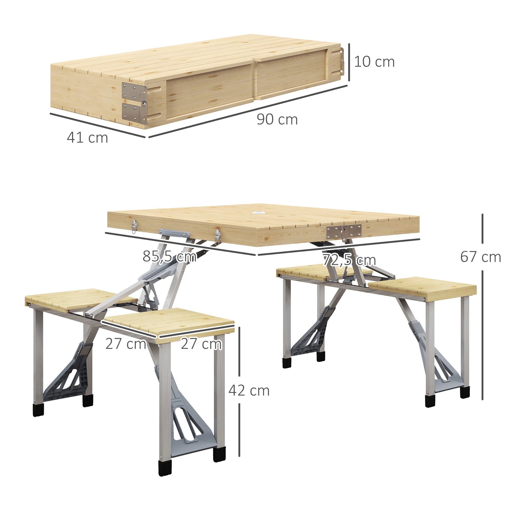 Outsunny Campingtisch, faltbar, 4 Sitzplätze, Schirmloch, Holztischplatte, Aluminiumrahmen, 85,5x72,5x67cm