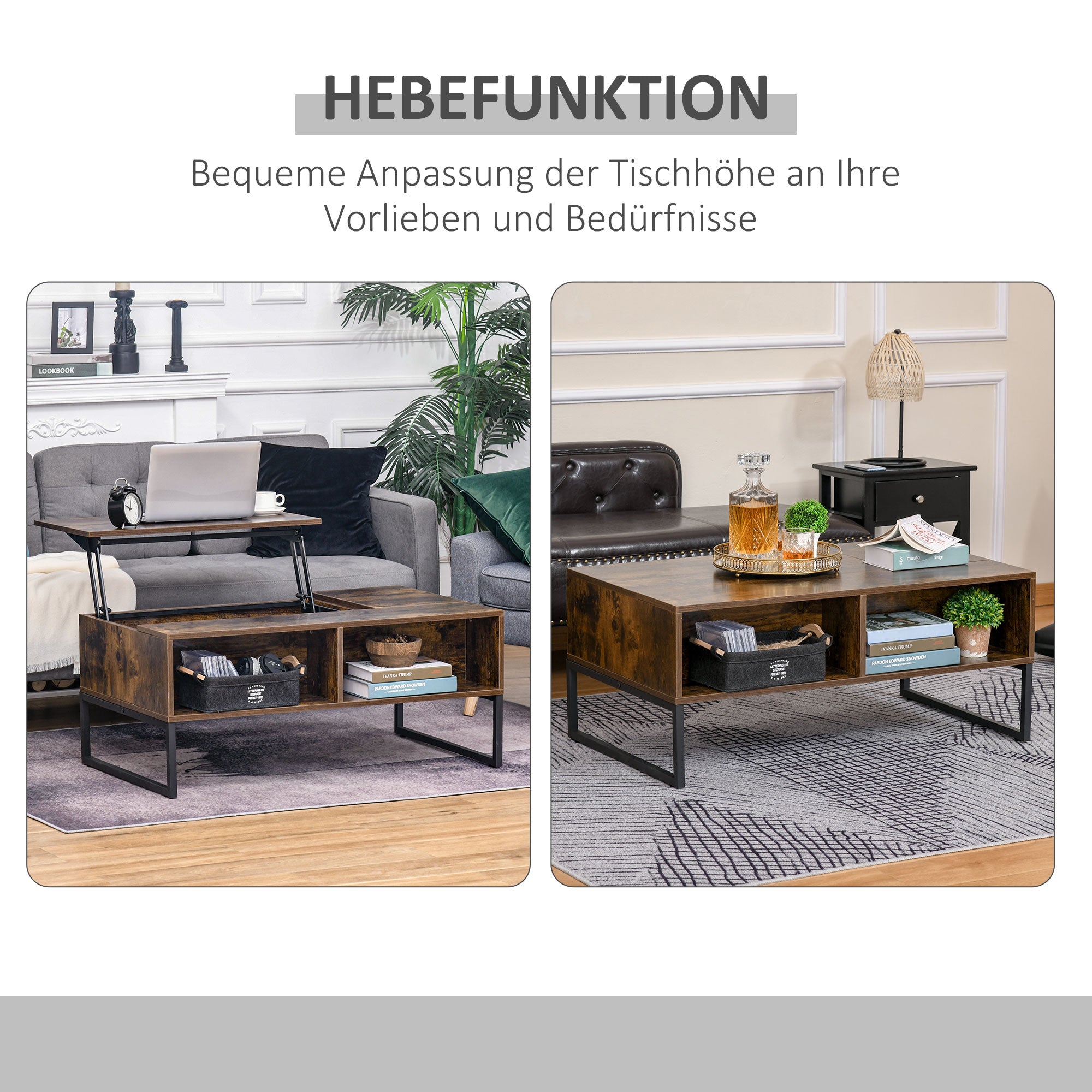 HOMCOM Couchtisch Wohnzimmertisch Kaffeetisch mit Höhenverstellbarer Platte Spanplatte Braun 100 x 60 x 44 cm