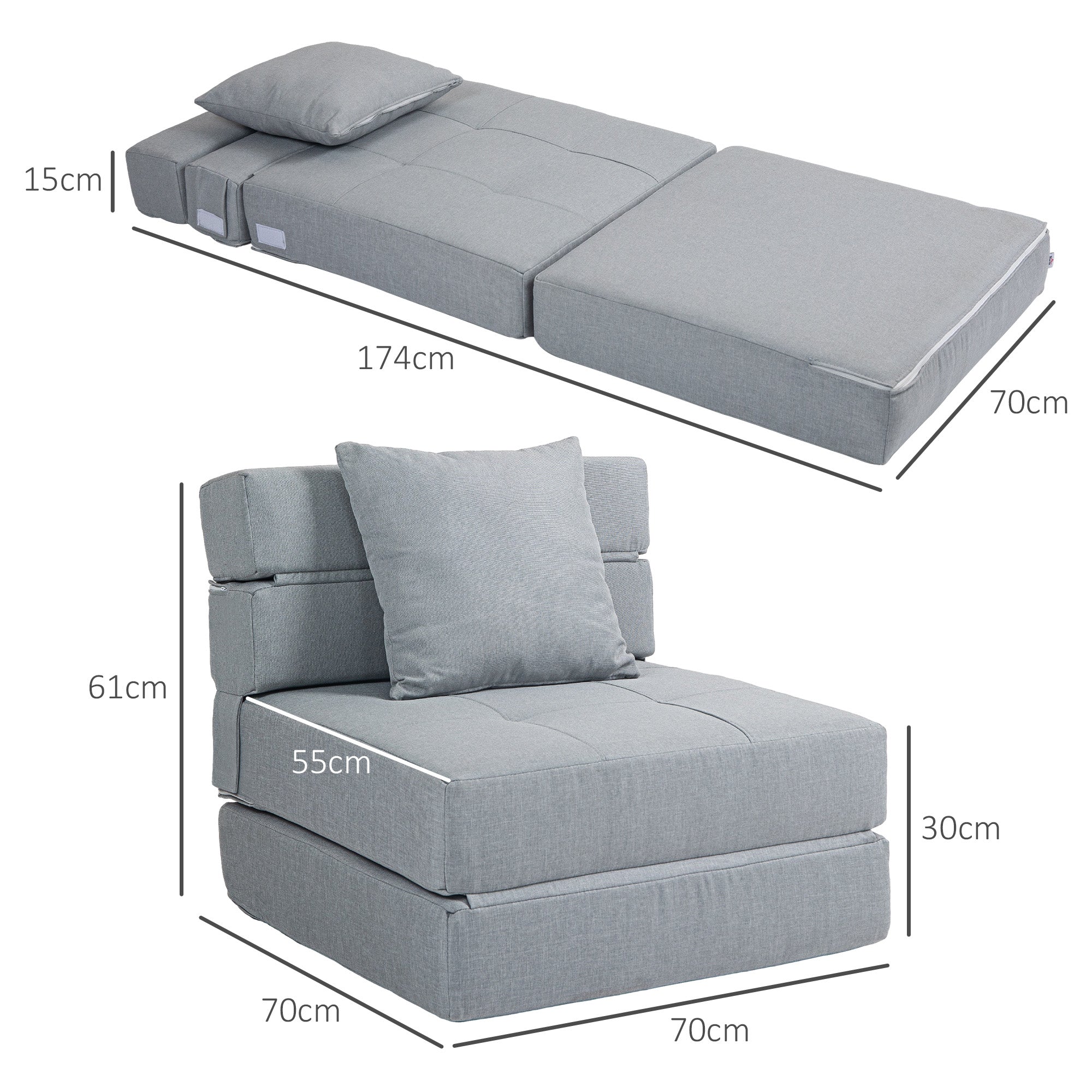 HOMCOM Relaxsessel Liegesessel Sessel mit Bettfunktion, inkl. 1 Kissen, 70 cm x 70 cm x 61 cm, Hellgrau
