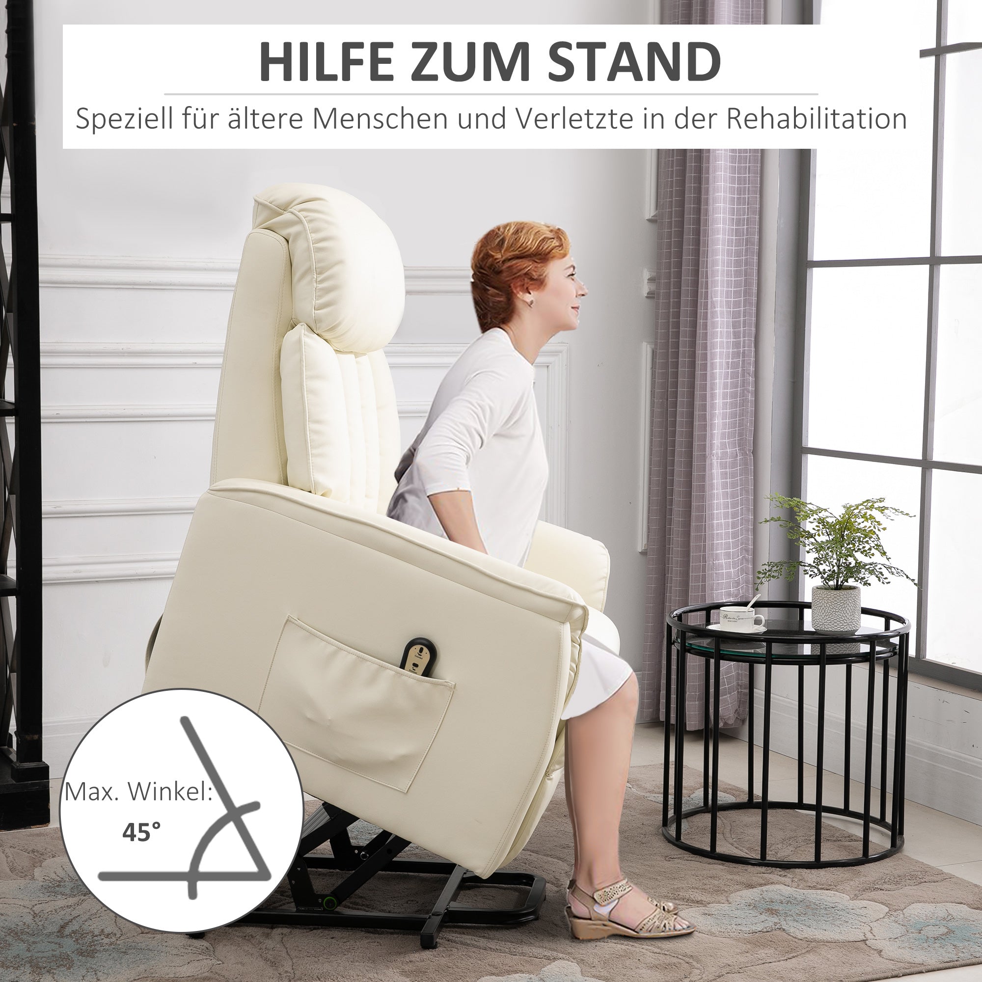 HOMCOM Relaxsessel Elektrisch Fernsehsessel mit Aufstehhilfe, Liegefunktion, TV Sessel mit Fußteil, Seitentasche, Fernbedienung, für Wohnzimmer, bis 150 kg, Kunstleder, Beige