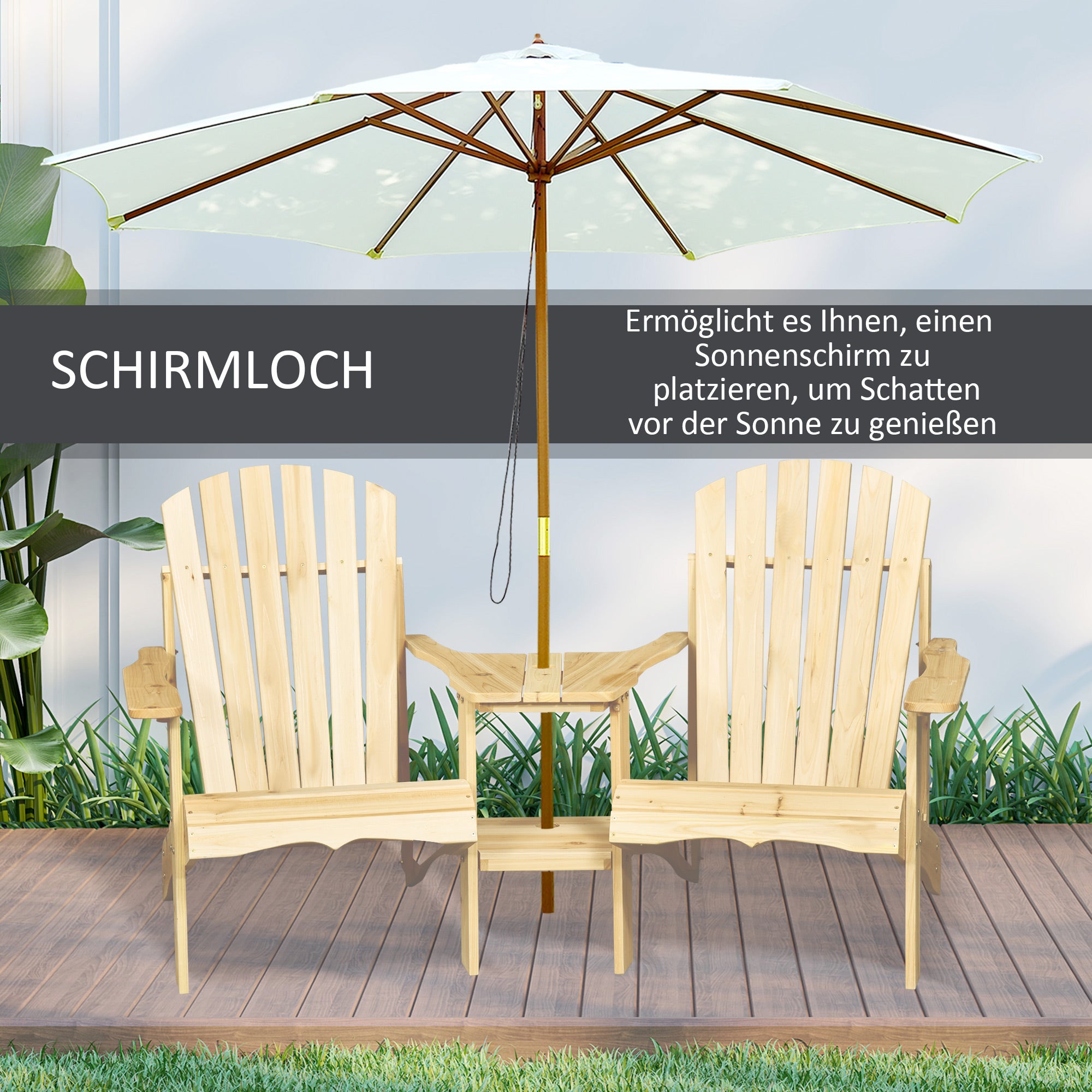 Outsunny Adirondack Gartenstuhl mit Tisch und Schirmloch 2 Sitzer Gartensessel Sitzgruppe Gartenmöbel für Balkon Massivholz Natur 178 x 87 x 92 cm
