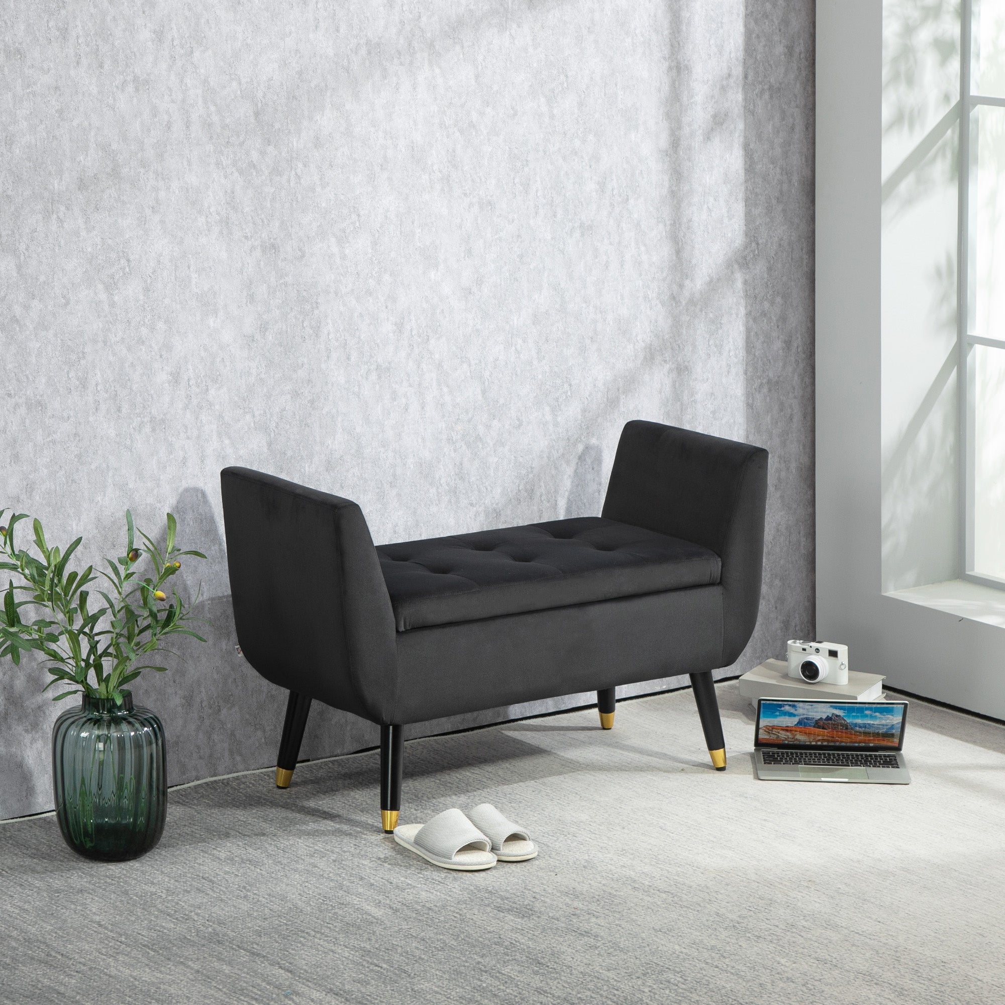 HOMCOM Sitzbank mit Stauraum und Armlehnen, Truhenbank, samtartiges Polyester, Kautschukholz, Dunkelgrau, 107 x 42 x 65 cm