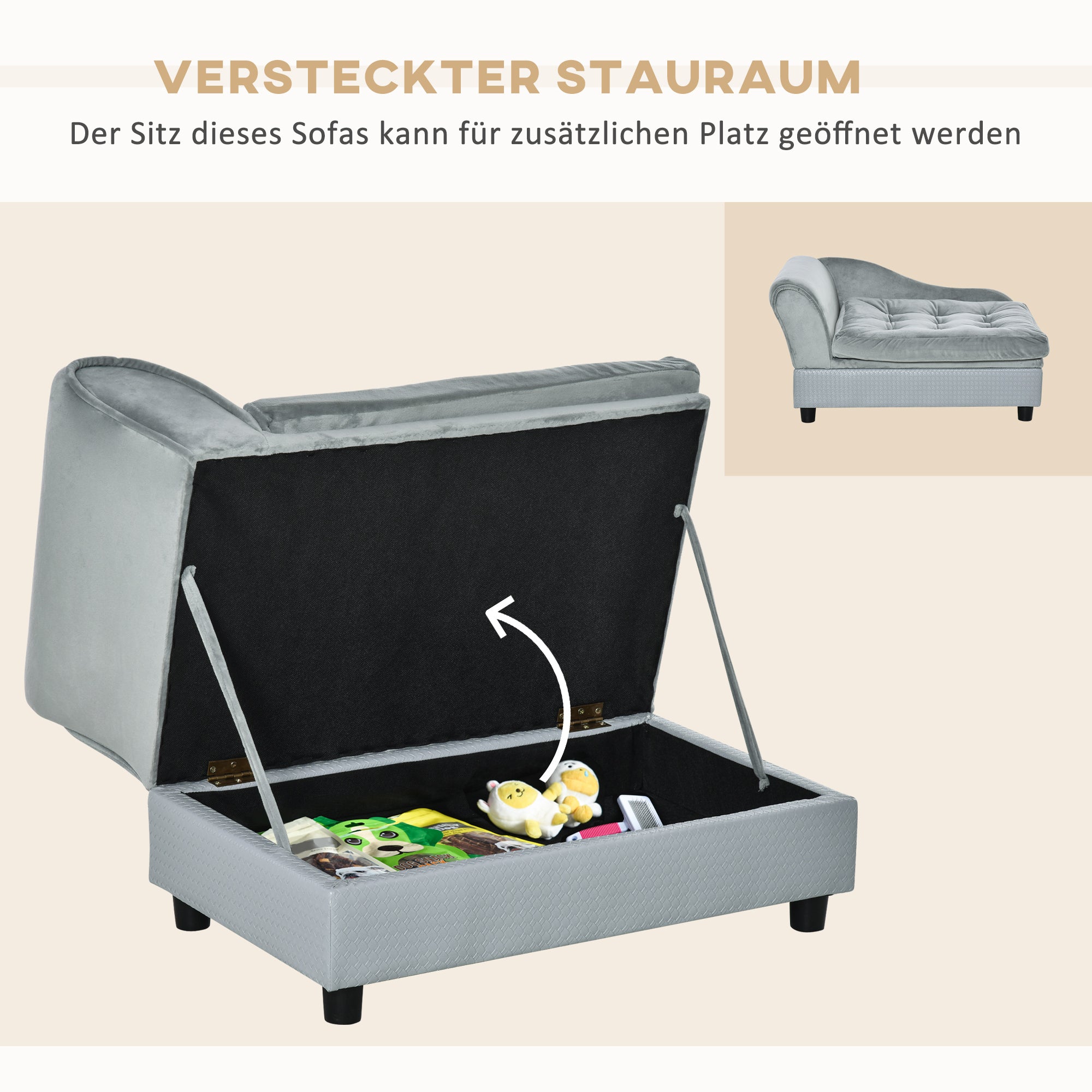 PawHut Haustiersofa mit Stauraum, weichem Kissen, bis 15 kg Tragkraft, Plüschbezug, Hartholzrahmen, Hellgrau