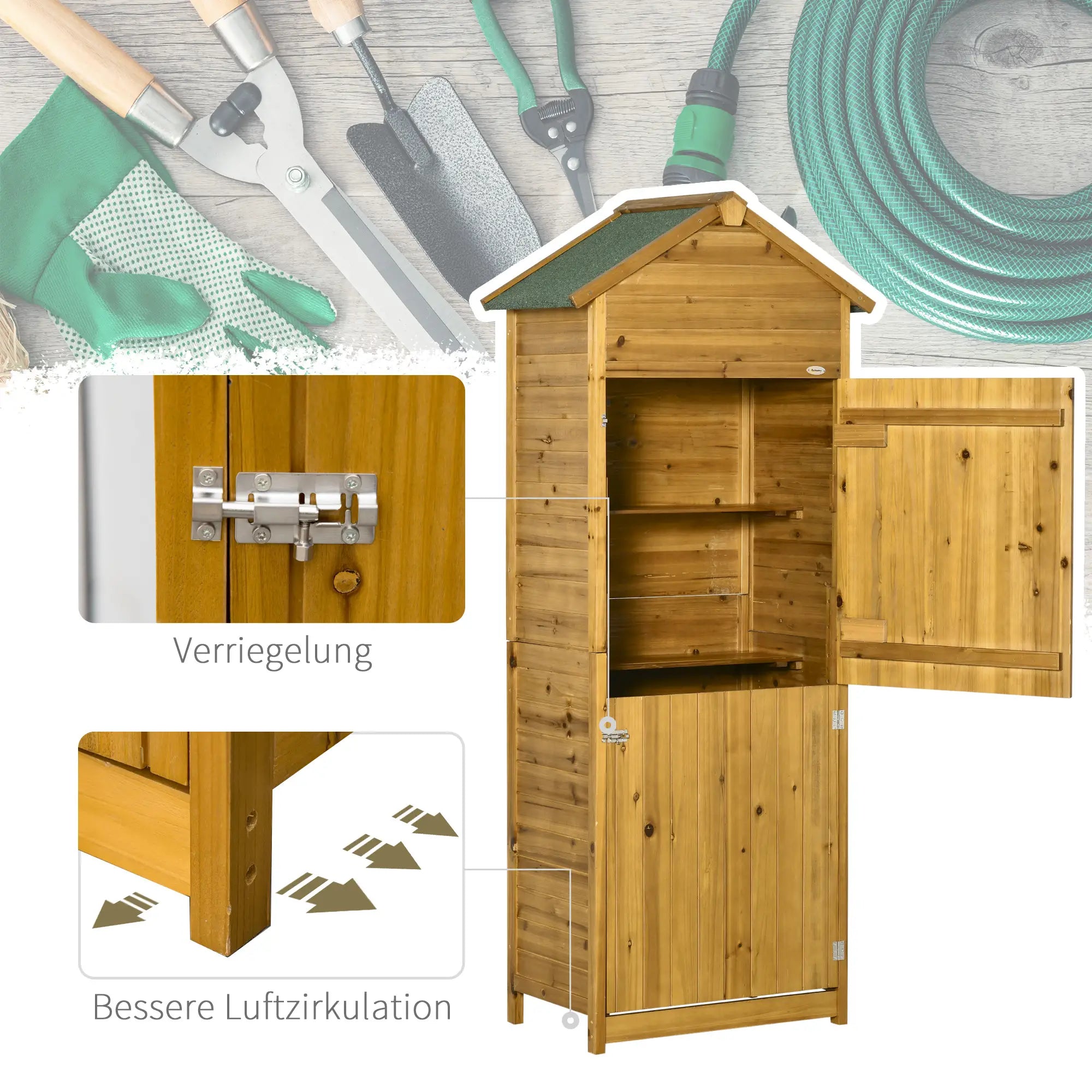 Wetterfestes Gerätehaus aus Holz mit Regalen & Türen