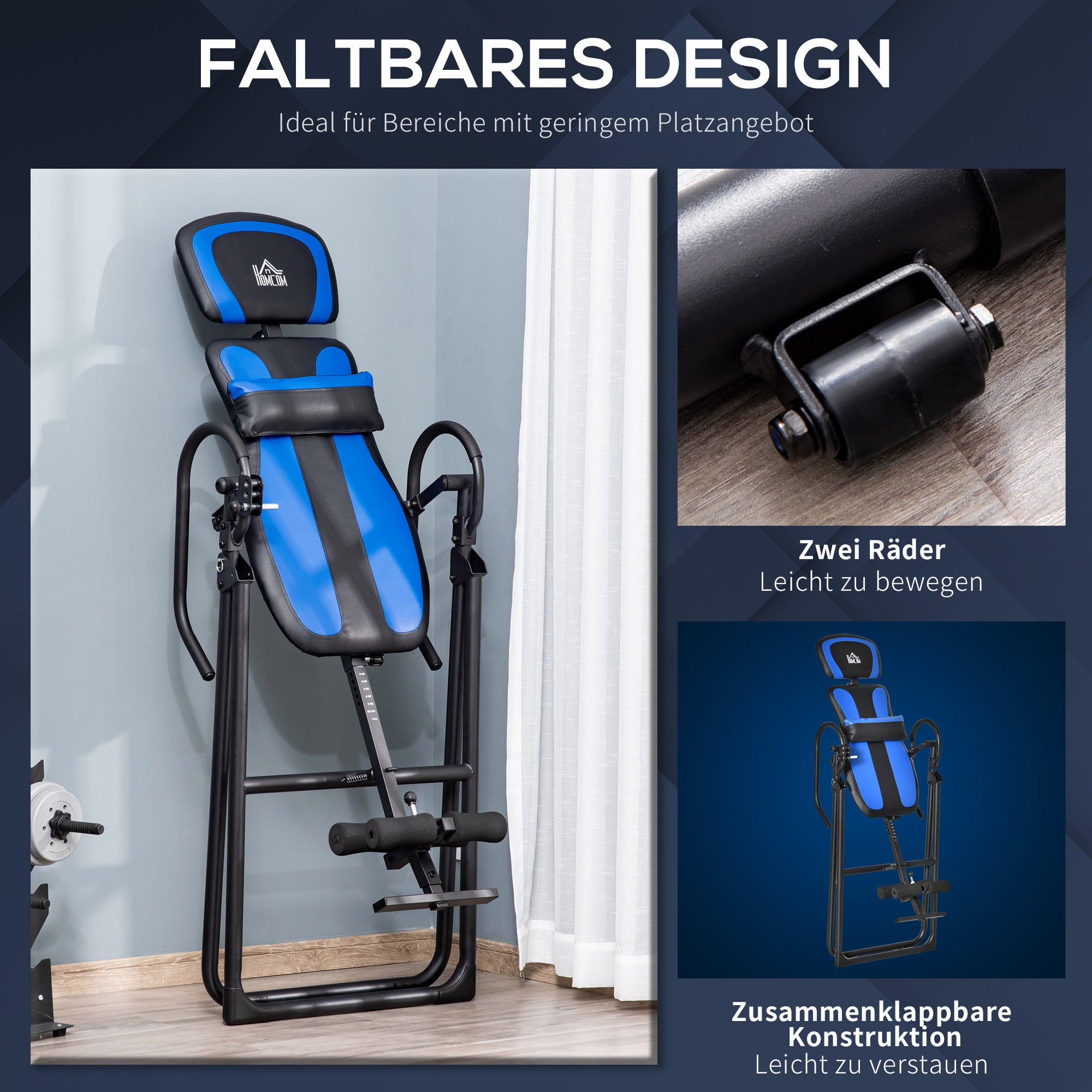 HOMCOM Inversionsbank klappbarer Schwerkrafttrainer mit zwei beweglichen Rädern eingestellt Rückenpolster Metall ABS Schwarz+Blau 132 x 71 x 145 cm