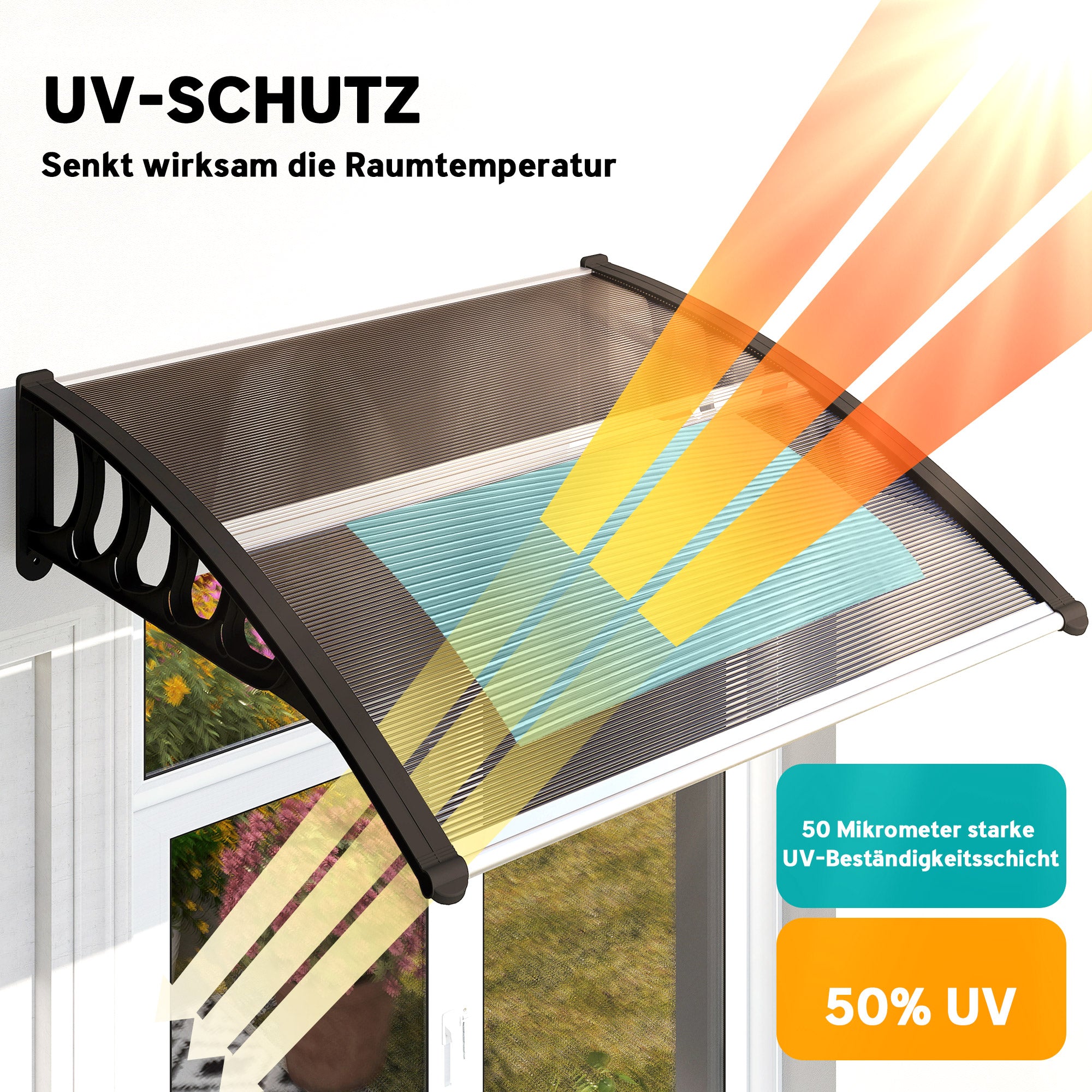 Outsunny Türüberdachung, Schutz vor Regen, Wind und Hagel, Polycarbonat, Aluminium, 103 x 96,5 x 27 cm, Braun