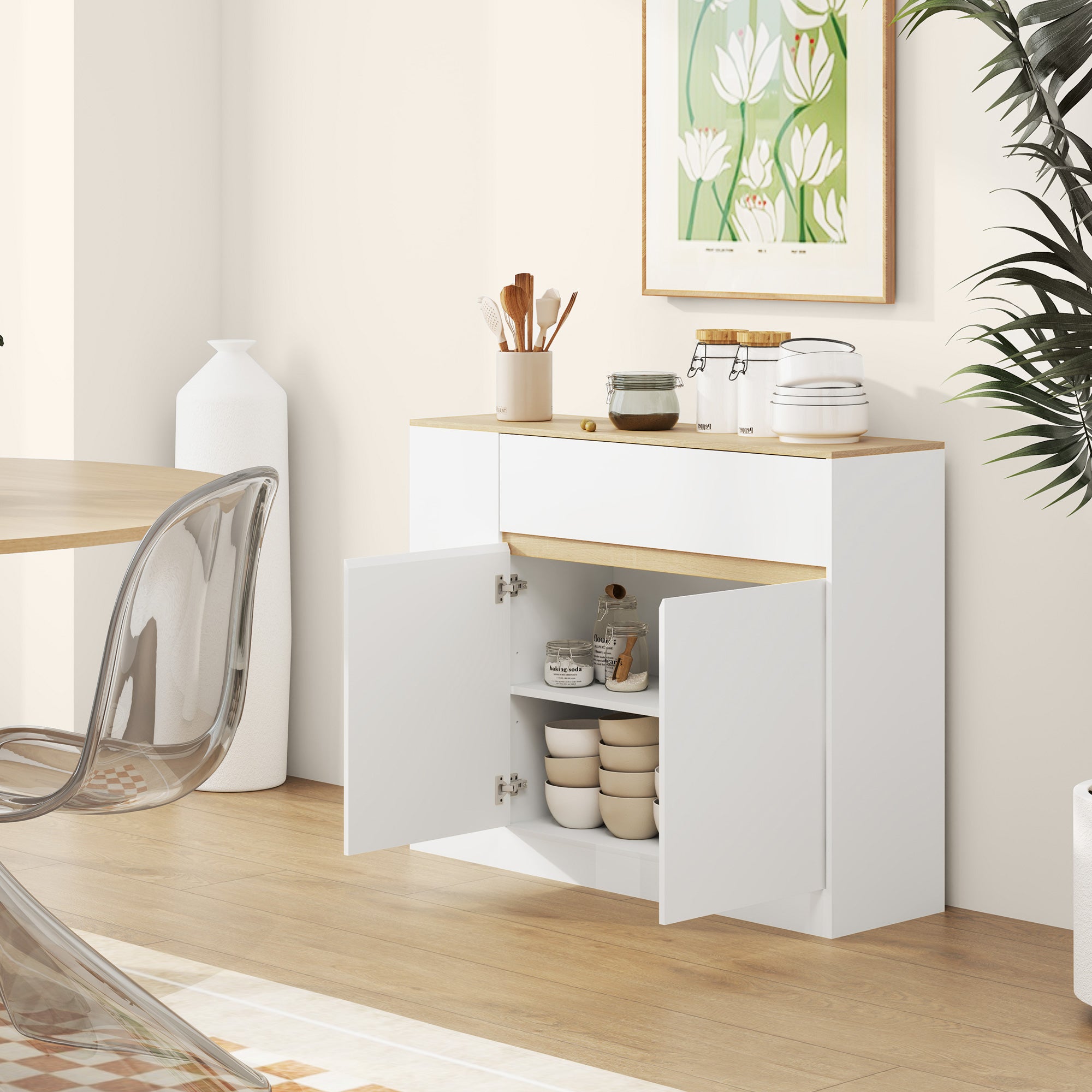 HOMCOM Sideboard, großes Schrankfach, 3 Ablagefächer, Schublade, 105 x 30 x 81,5cm, Weiß/Holz