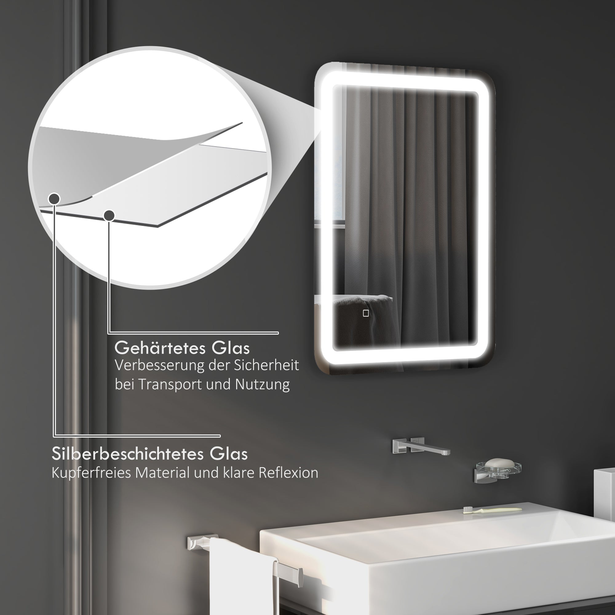 HOMCOM Badezimmerspiegel, beleuchtet, Touch-Steuerung, beschlagfrei, dimmbar, 3 Lichtfarben, 50x70, Silber