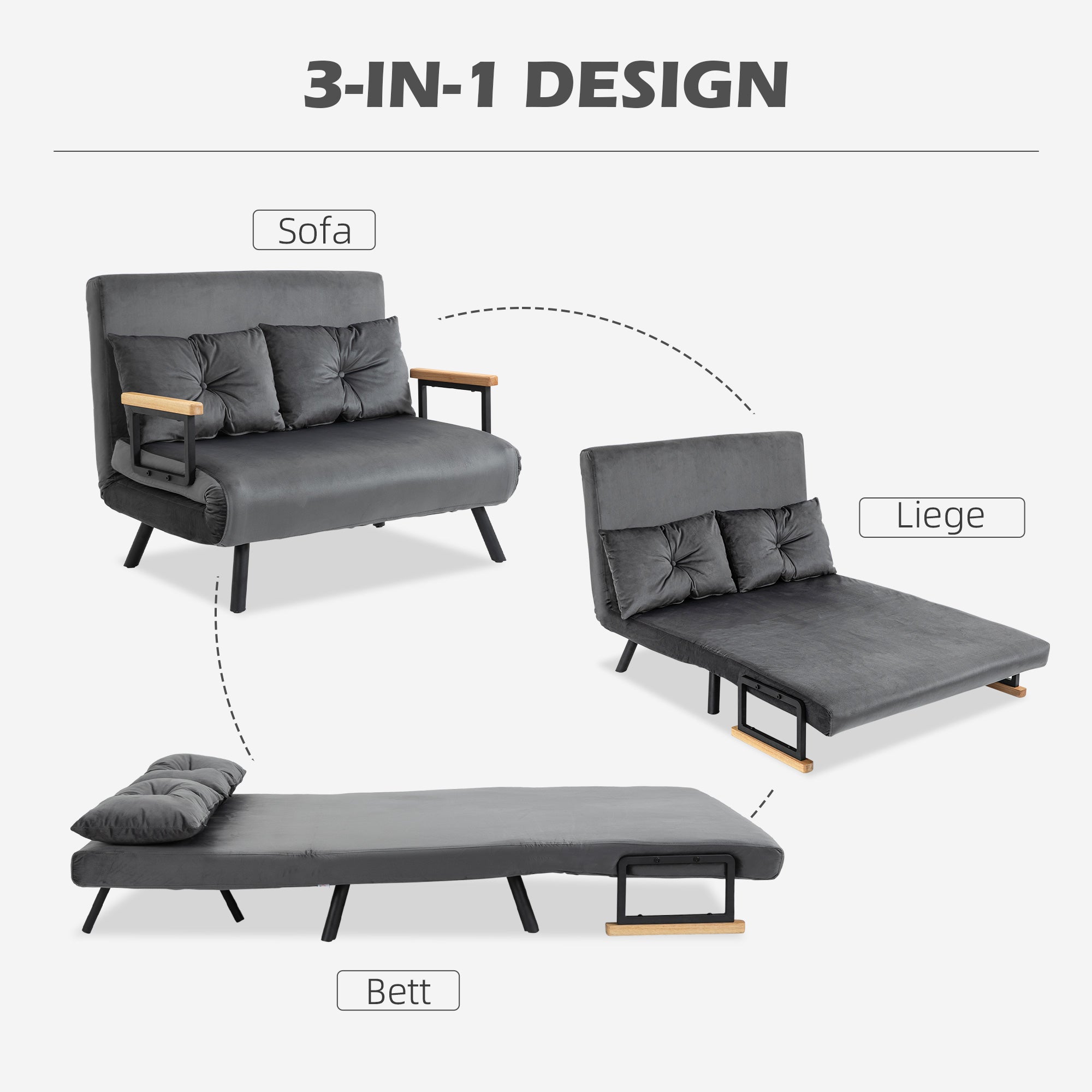 HOMCOM Schlafsofa 2er-Sofa Samtsofa, Schlaffunktion, inkl. 2 Kissen, Samtoptik, Natur + Dunkelgrau + Schwarz