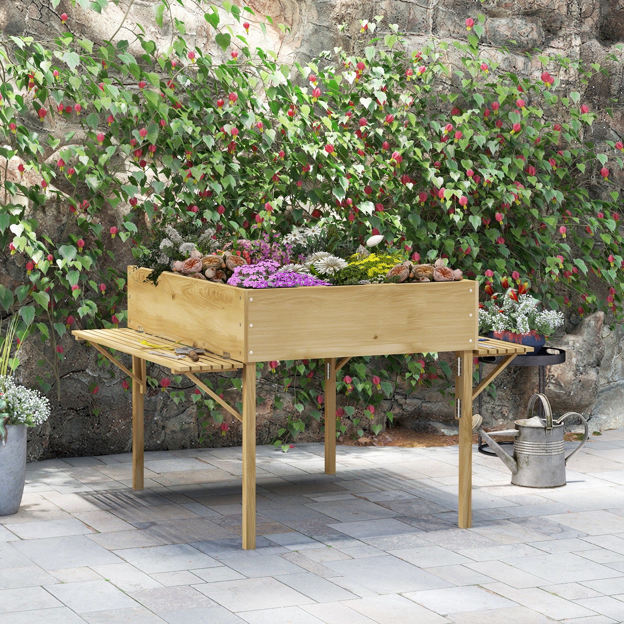 Outsunny Hochbeet mit 12 Trenngittern, klappbare Seitenregale, wetterfest, Tannenholz, 122 x 91,5 x 89 cm