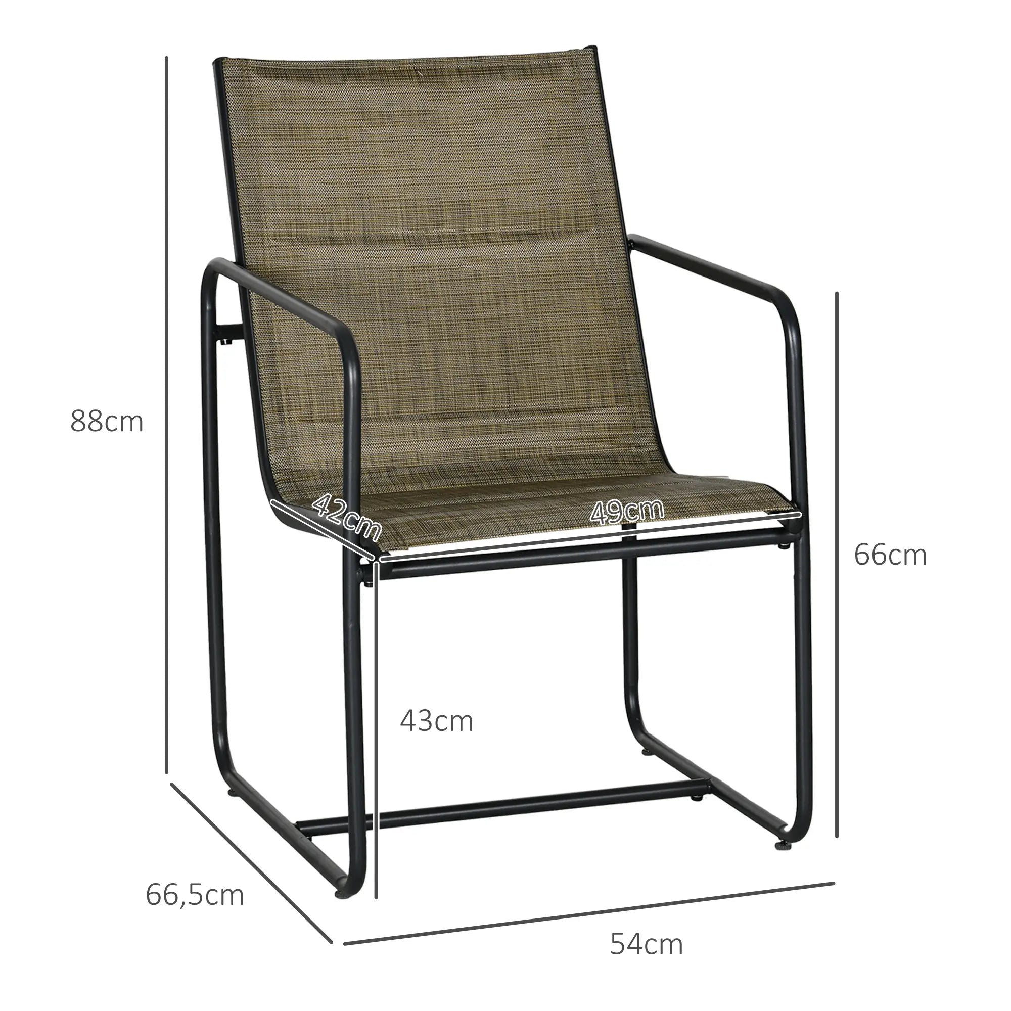 Outsunny Gartenstuhl, 2er-Set, atmungsaktiver Bezug, robuster Metallrahmen, 54x66,5x88cm, Schwarz/Braun