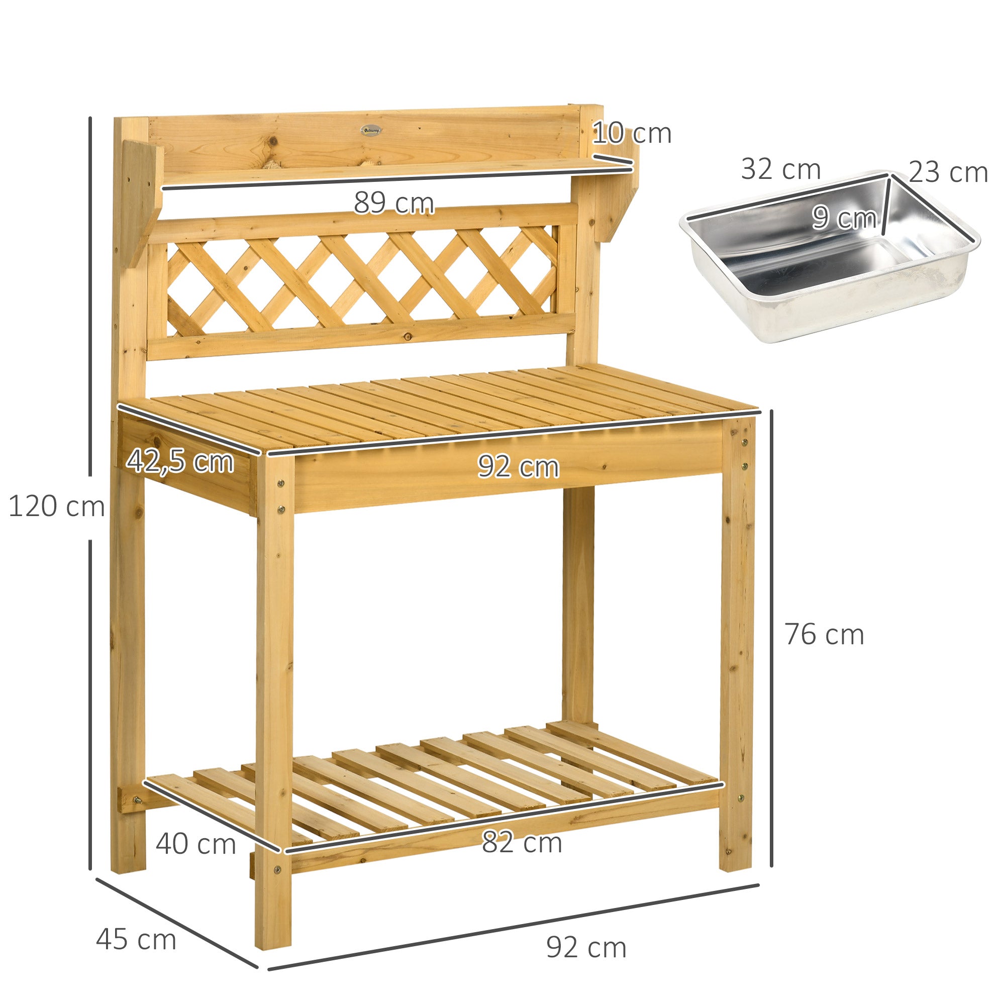 Outsunny Garten-Arbeitstisch, integriertes Edelstahl-Spülbecken, 2 Ablagen, Massivholz, braun, 92 x 45 x 120 cm