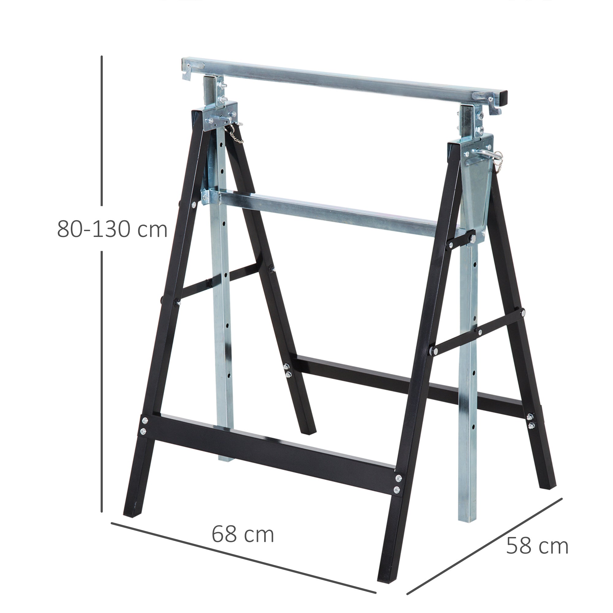 HOMCOM 2 x Gerüstbock Unterstellbock Klappbock höhenverstellbar bis 200kg Stahl Schwarz 68 x 58 x 80-130 cm